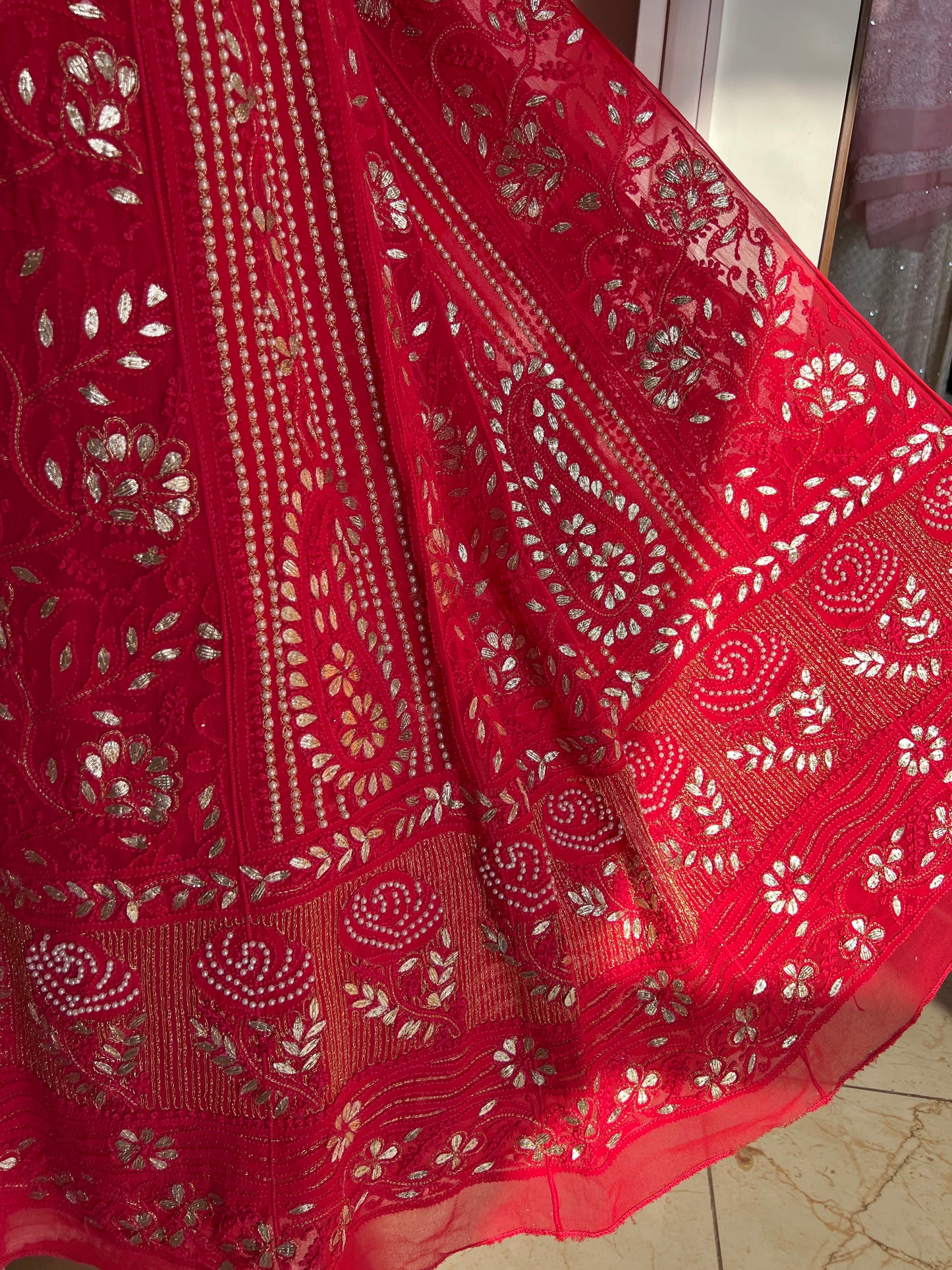 Red Chikankari pearl and Gota Patti Anarkali