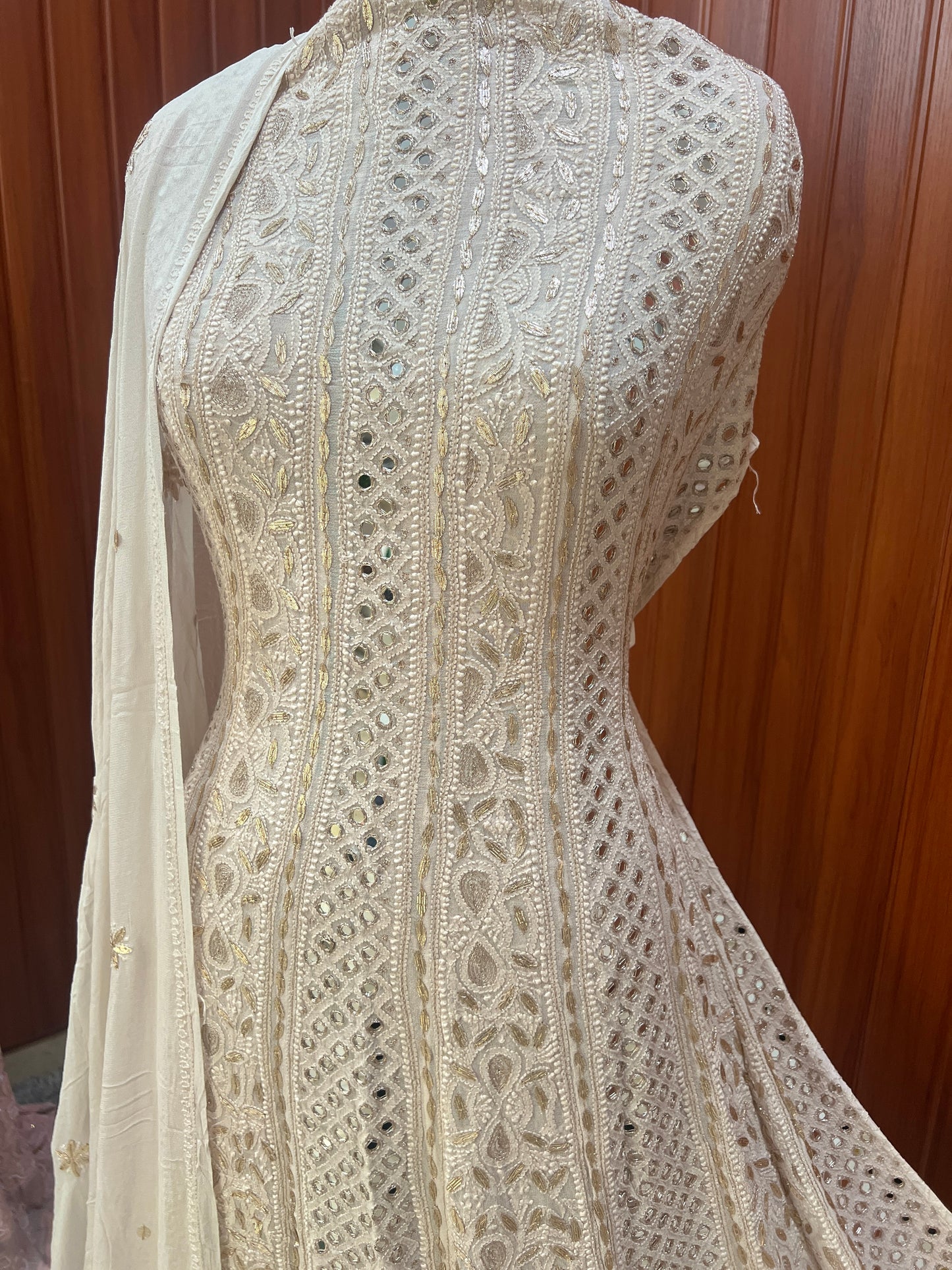Nude Beige Chikankari Mirror Gota Patti Anarkali with Dupatta