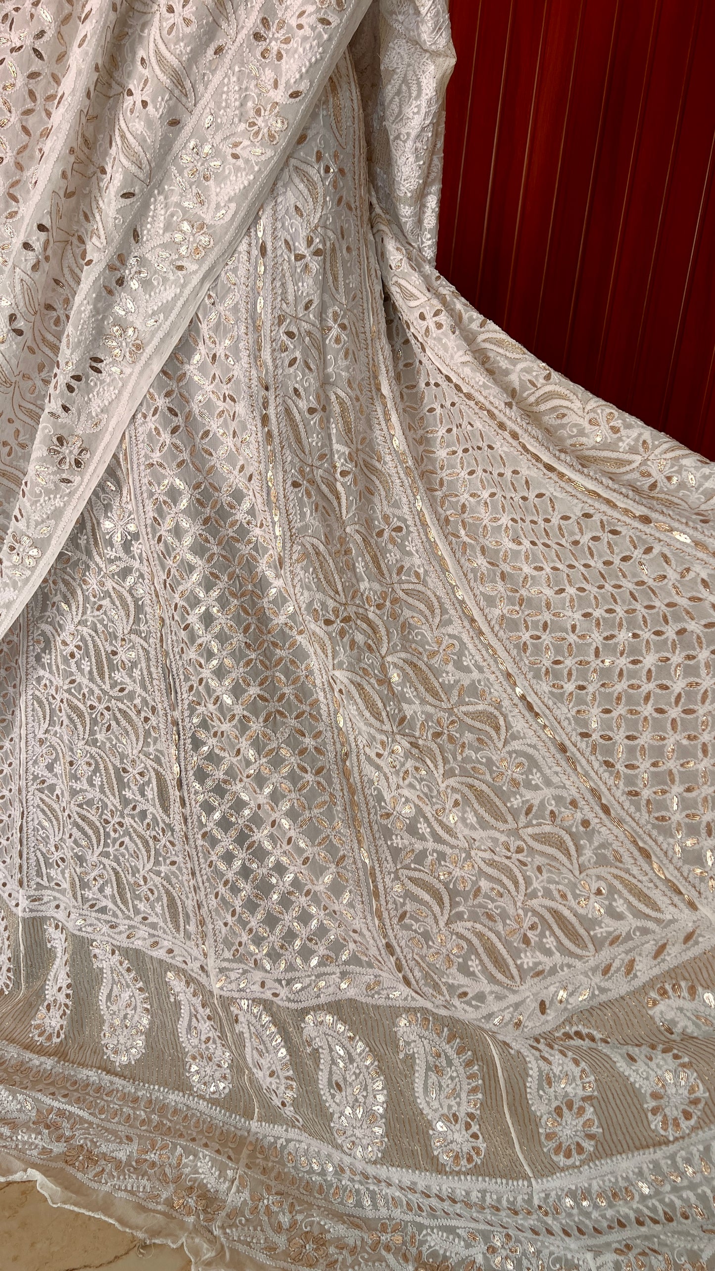 White Chikankari and Gota Patti Lehenga Set