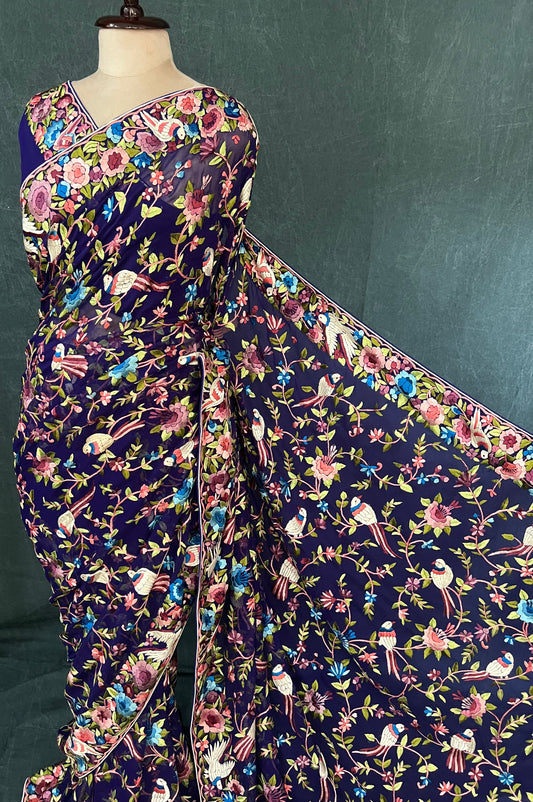 Indigo Blue Masterpiece Parsi Gara Pure Georgette Saree (Copy)