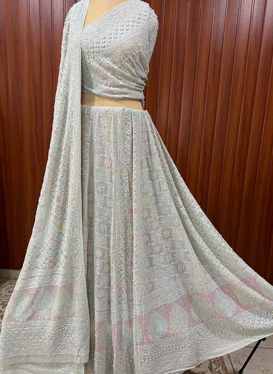 Ruhani Ice Mint Chikankari Multicolored Cut Dana Sequins Lehenga