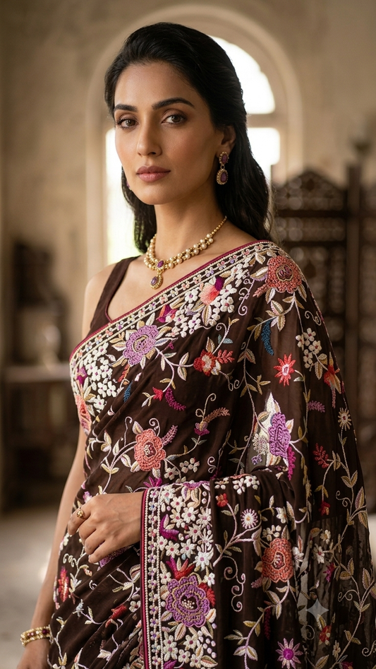 Coffee Brown Masterpiece French knot and Parsi Gara Saree