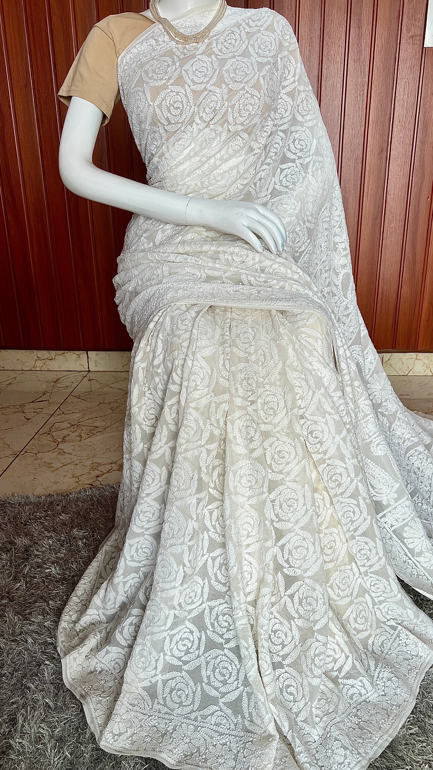 Ruhani Off White Gulaab pattern fine Chikankari Hand Embroidered Saree