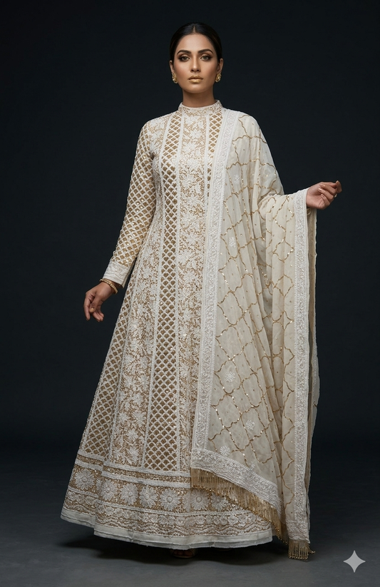 Ruhani Off white Chikankari sequins cut Dana Anarkali