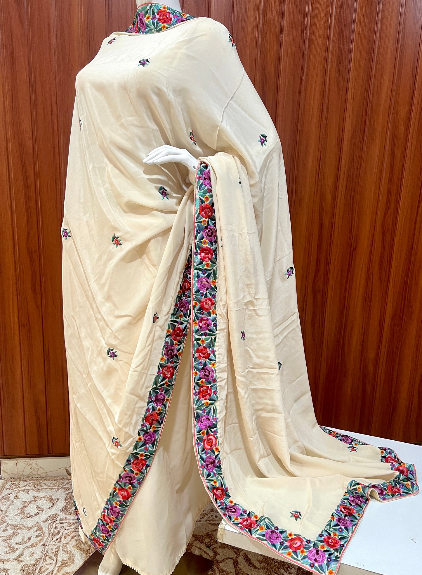 Cream Pure Crepe Dupatta With multicolored Parsi Gara Hand Embroidery