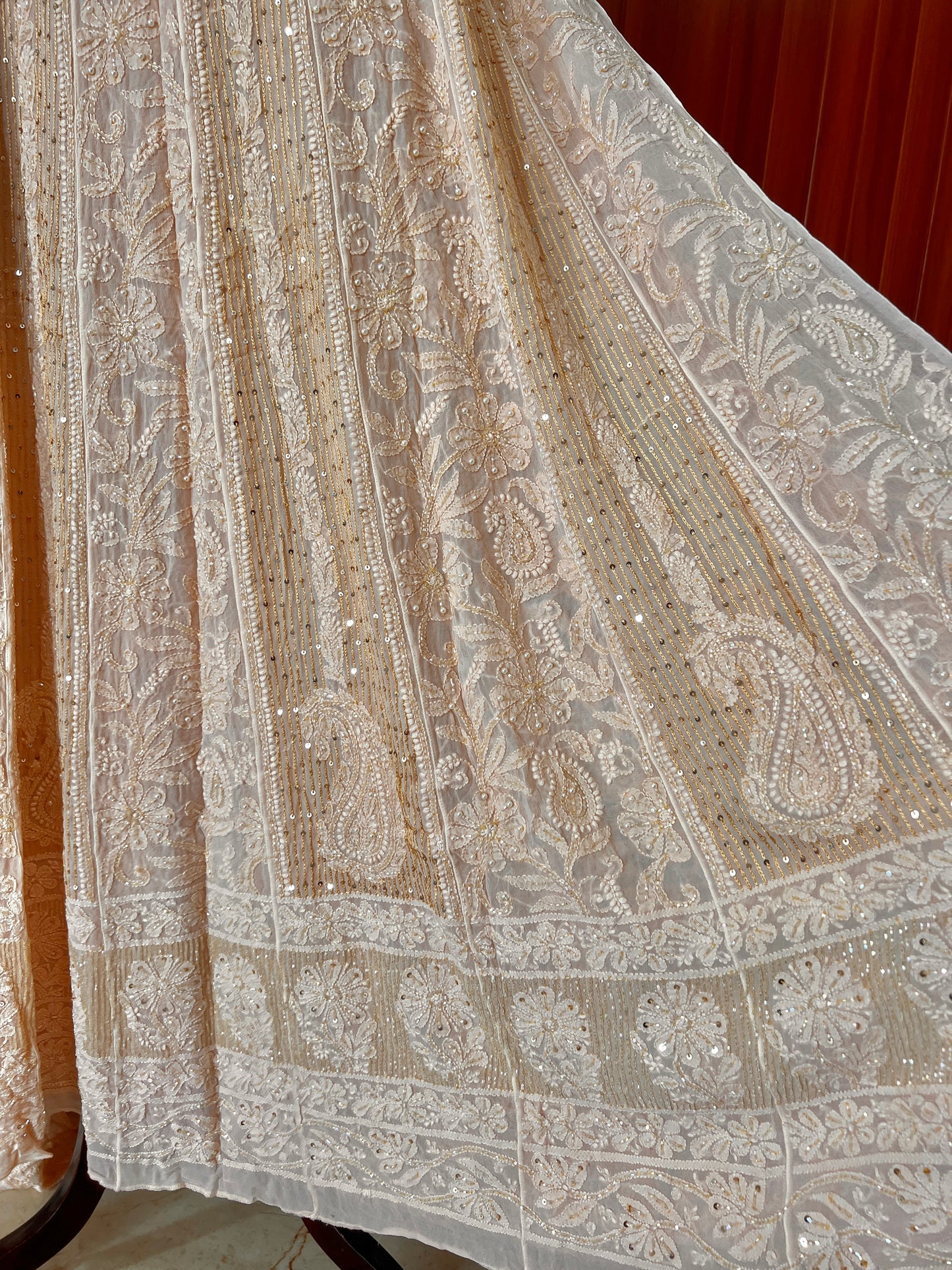 Nude Peach Chikankari Sequins Cut Dana Anarkali with Dupatta