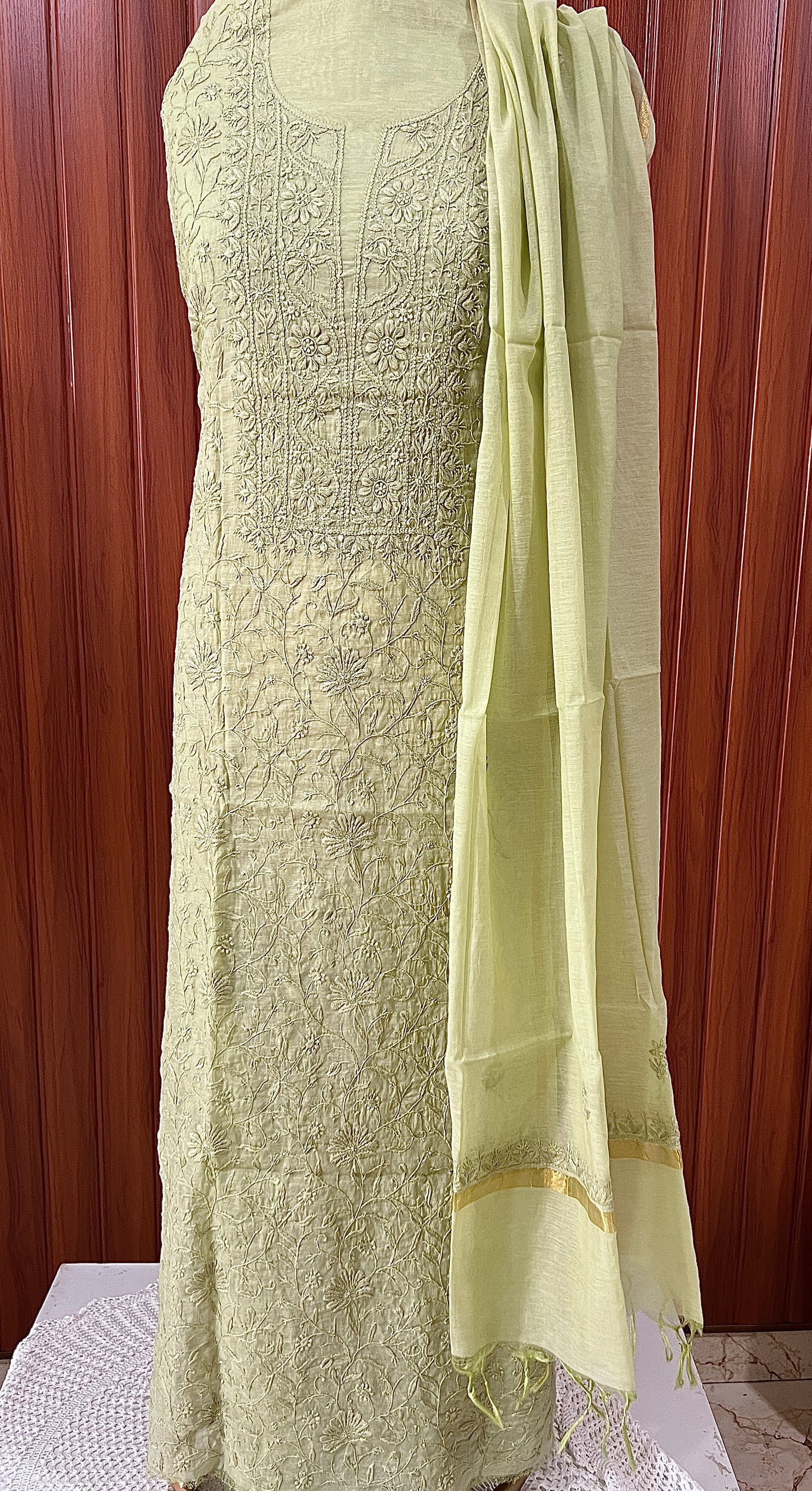 Mehndi Green Mul chanderi Chikankari embroidered kurta and dupatta