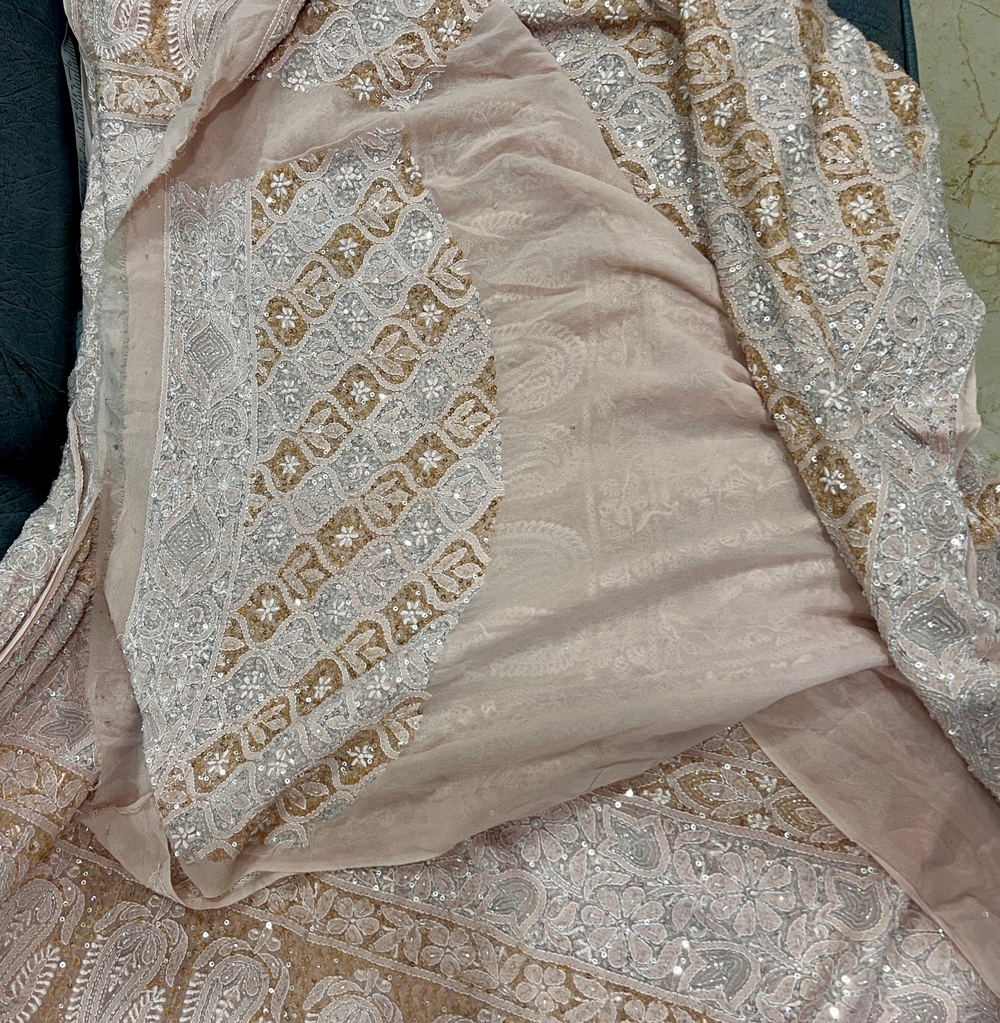 Ruhani Champagne Pink Masterpiece Chikankari and heavy Sequins Saree