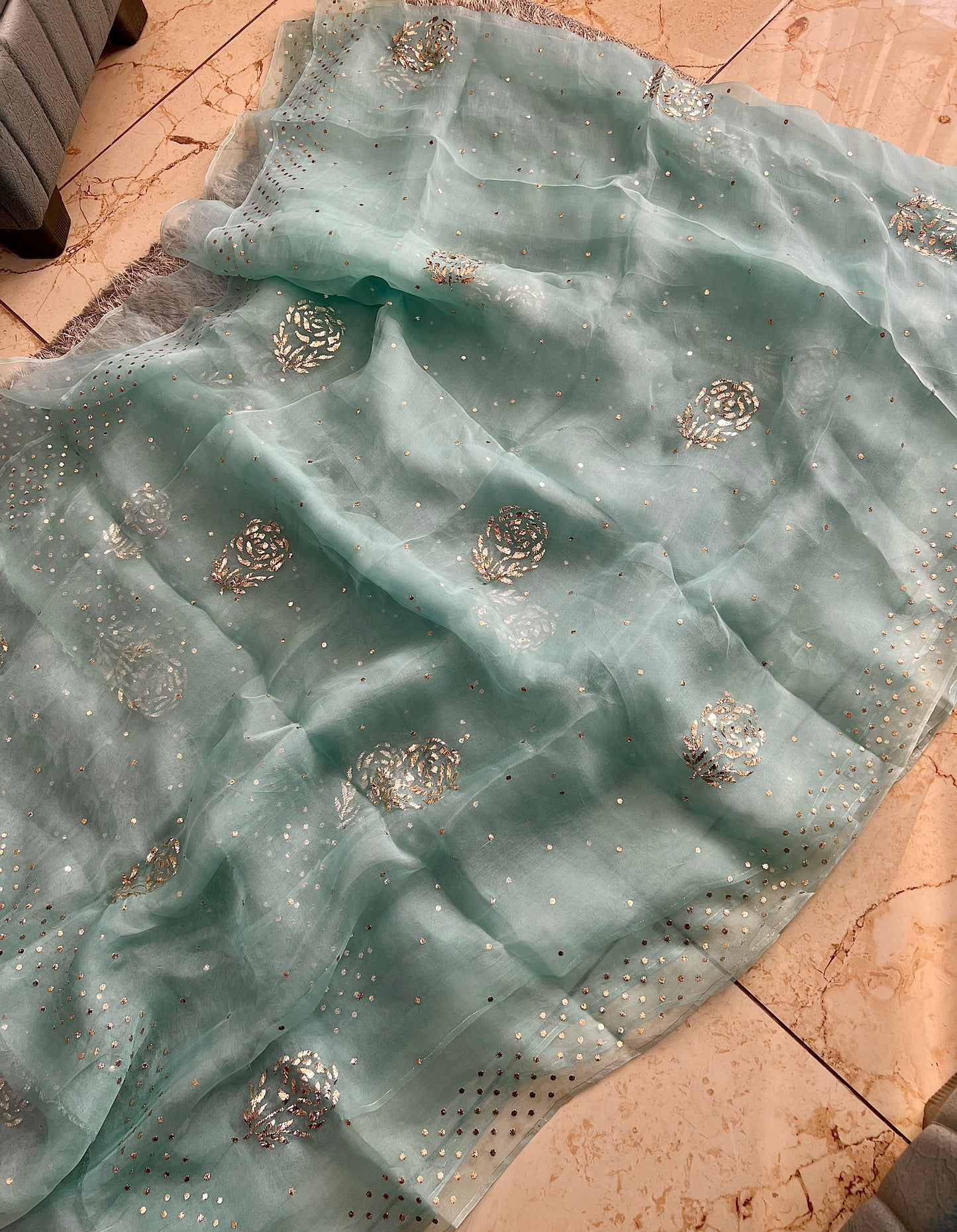 Sage Green Pure Organza Saree with Badla and Mukaish Work