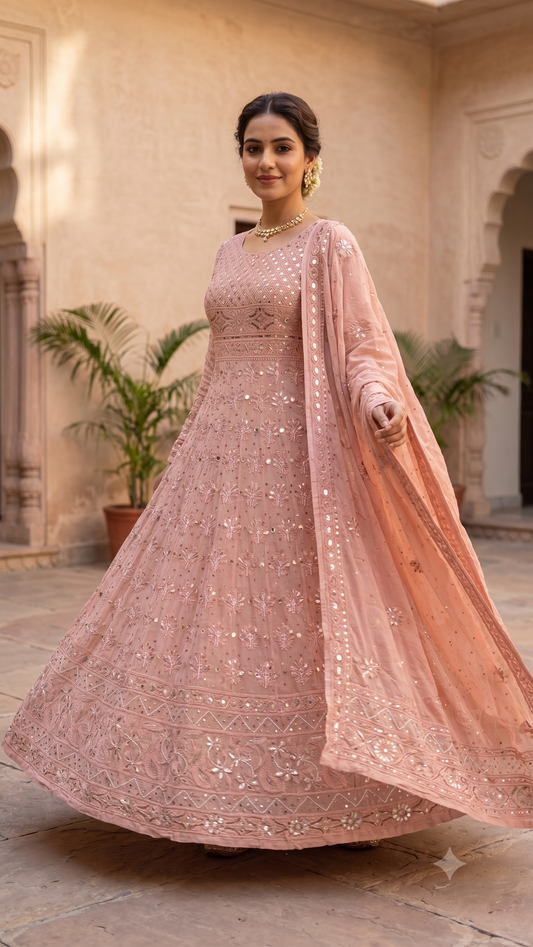 Ruhani Old Rose Chikankari gota mirror sequins pearl anarkali
