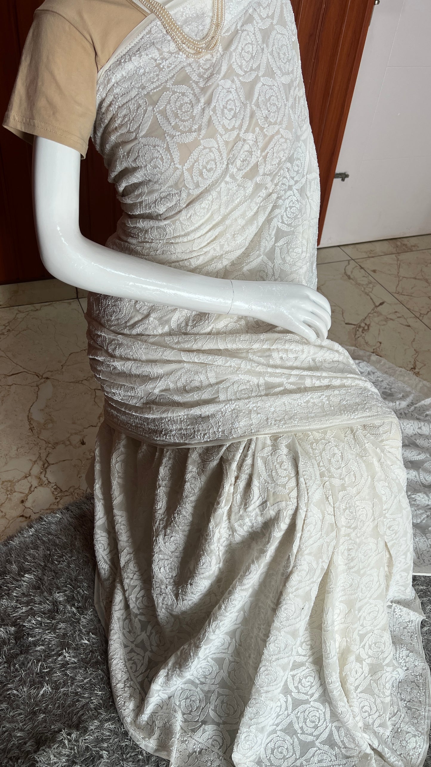 Ruhani Off White Gulaab pattern fine Chikankari Hand Embroidered Saree