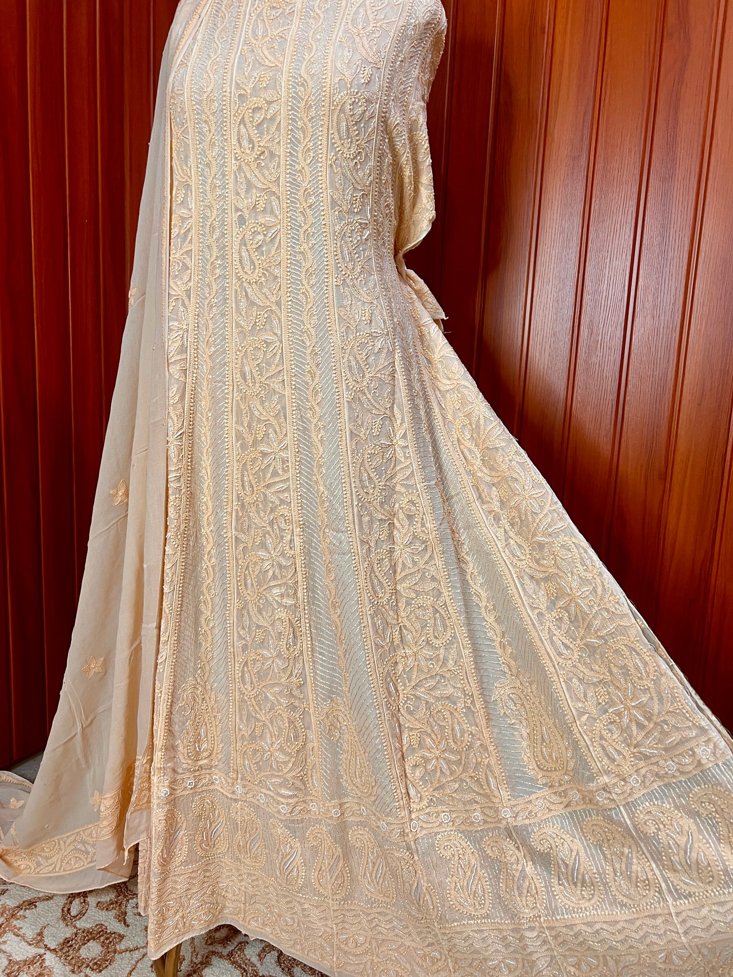 Beige Chikankari and Cut Dana Embroidered Anarkali with Dupatta