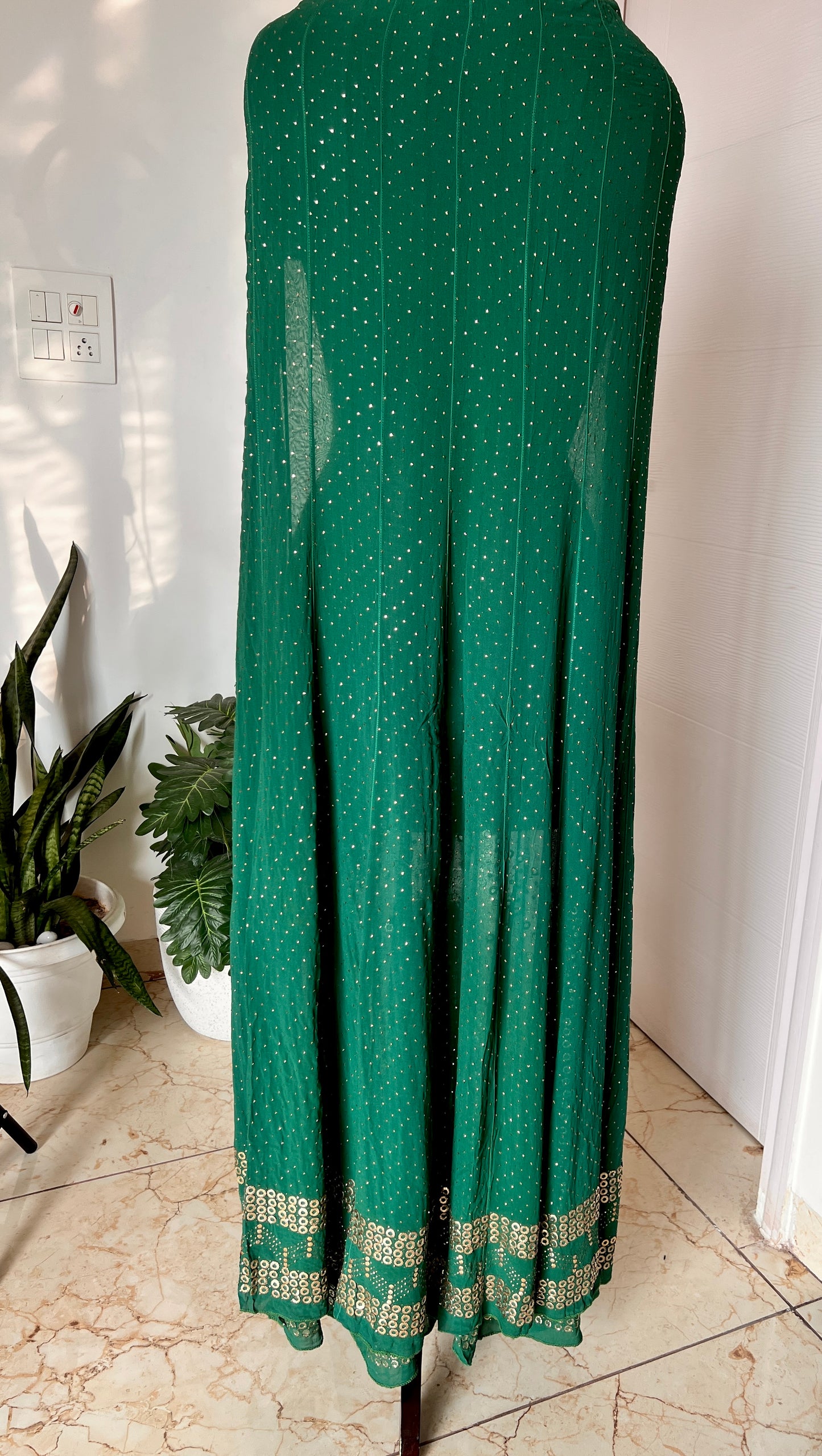 Bottle green designer Mukaish Georgette Anarkali with Dupatta