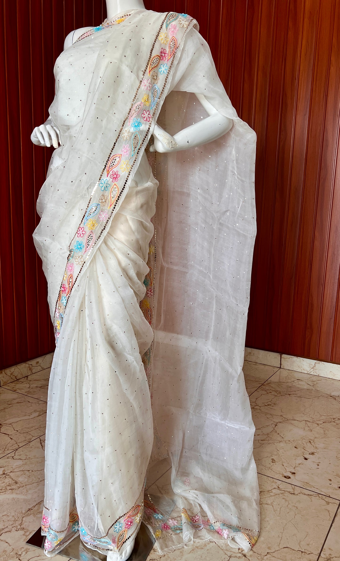 Ruhani Ivory Pure Organza Saree with Allover Mukaish and multicolored border