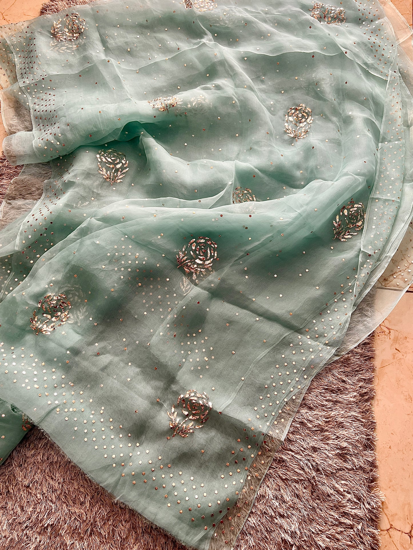 Sage Green Pure Organza Saree with Badla and Mukaish Work