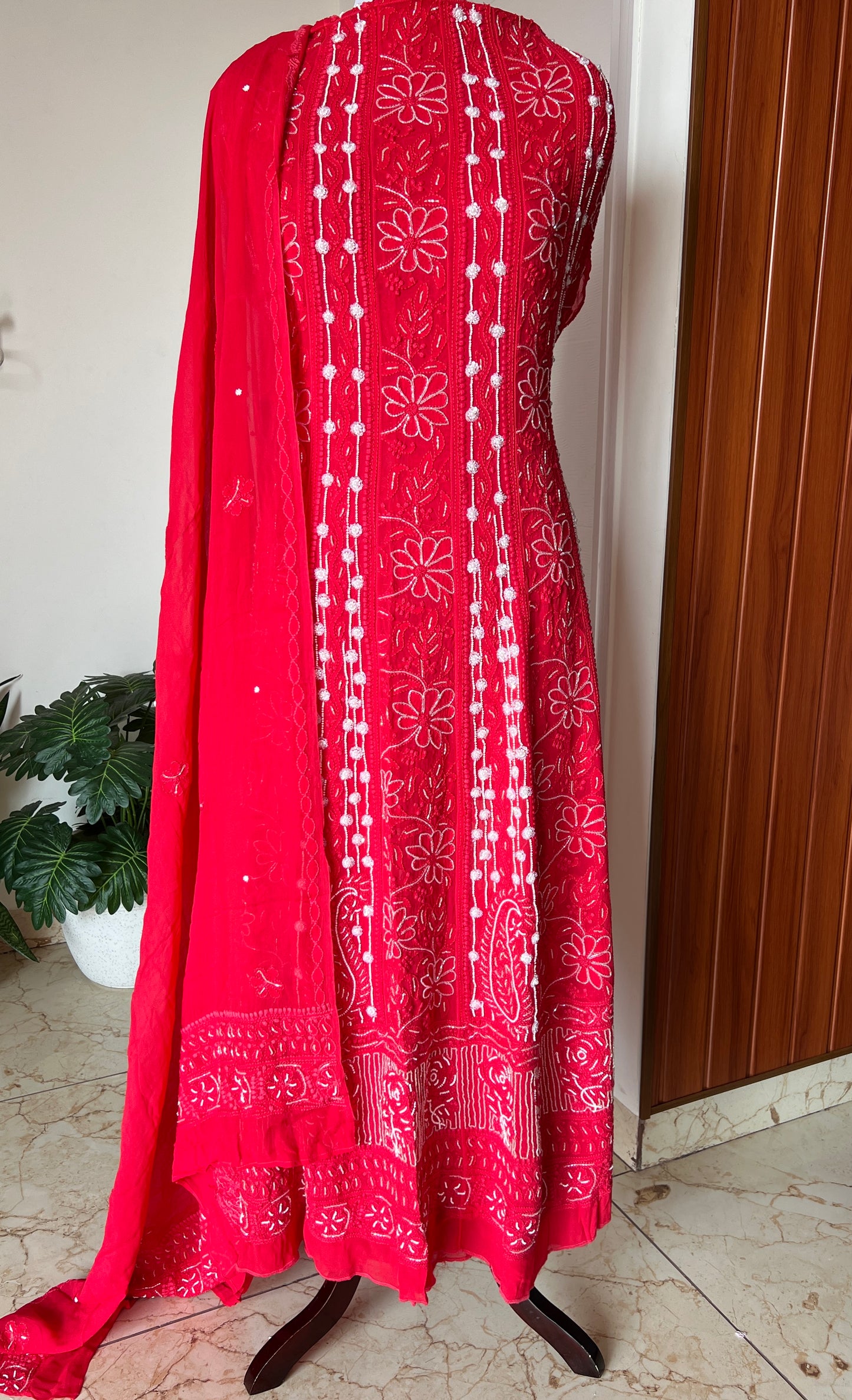 Cherry Red Chikankari Cut Dana pearl Anarkali