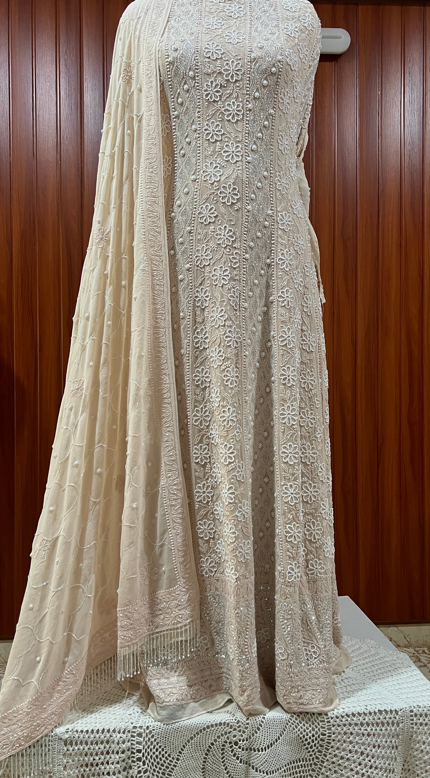 Beige fine Chikankari Pearl Sequins and Cut Dana Anarkali