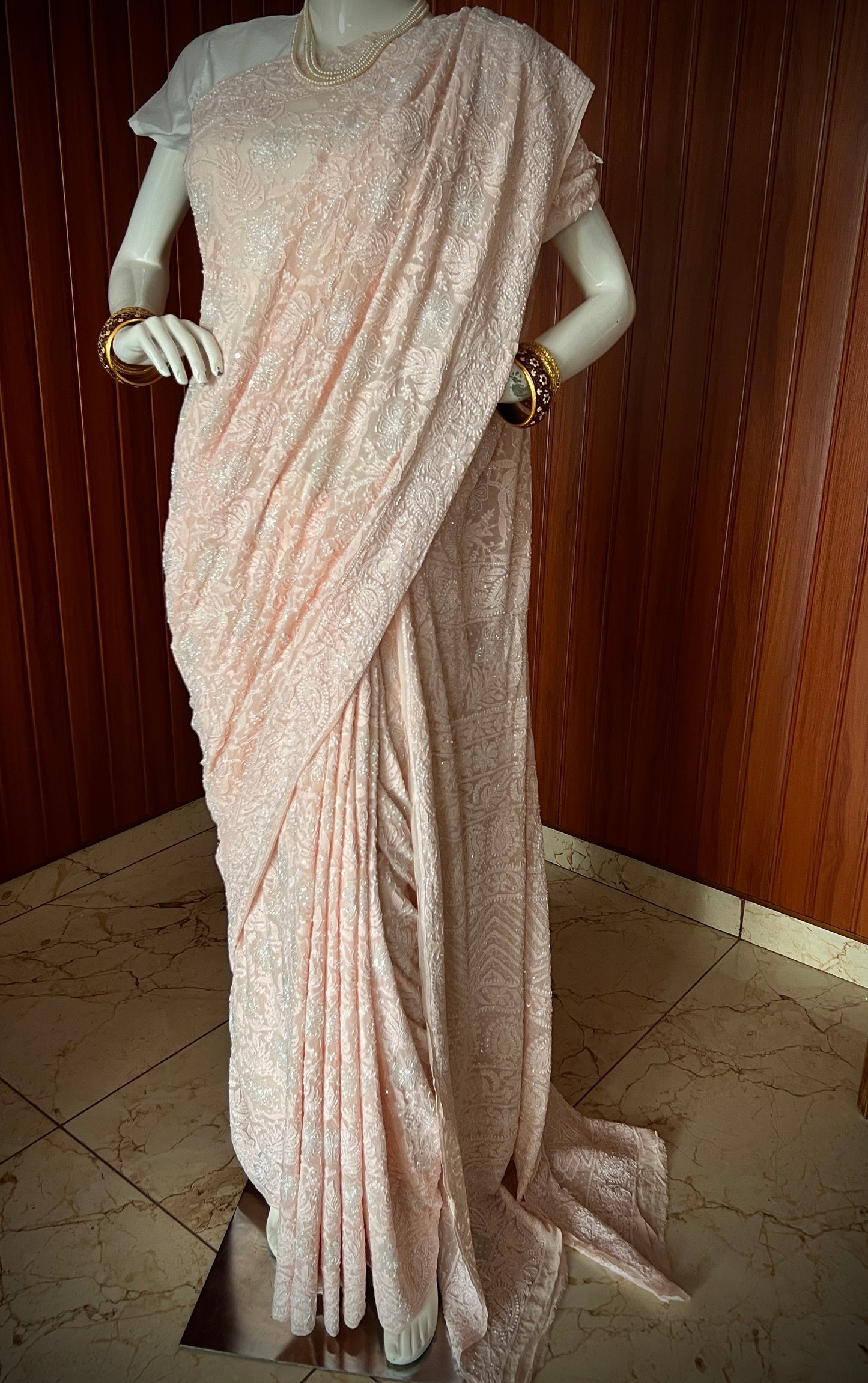 Ruhani Light Peach Chikankari and Cut Dana Saree