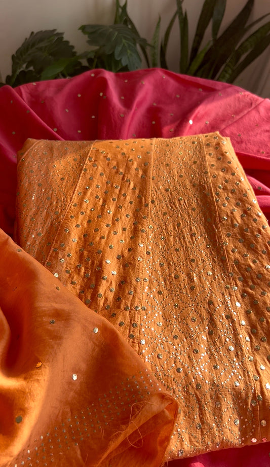 Orange Allover Heavy Mukaish Chanderi Silk Anarkali with Dupatta