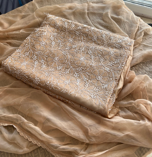 Tussar silk Chikankari embroidered kurta with chiffon dupatta