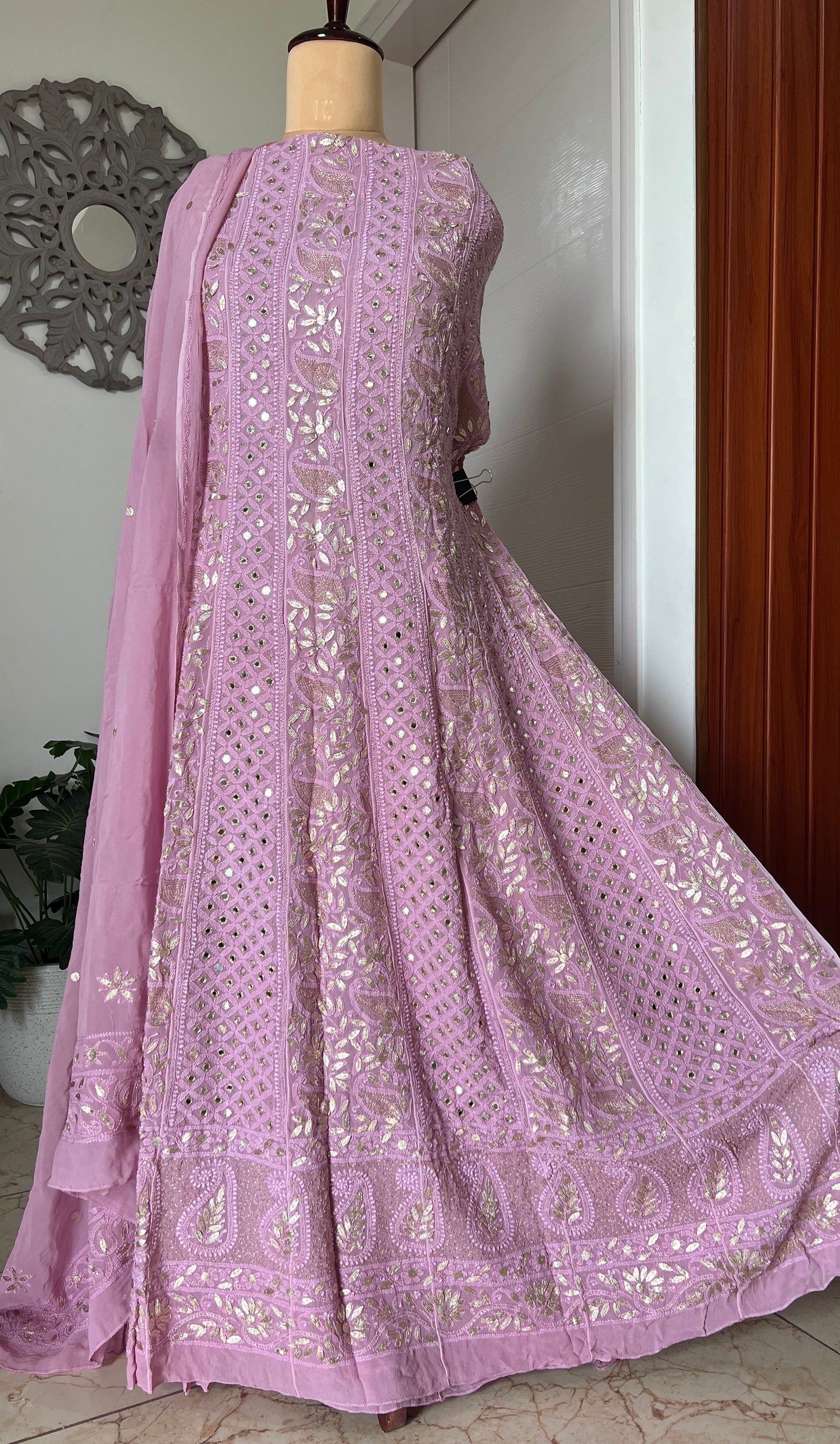 Lavender Chikankari Mirror Gota Patti Anarkali with Dupatta