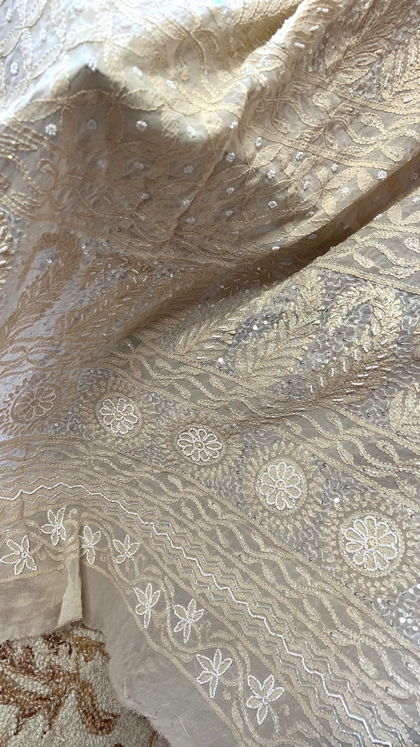 Beige Chikankari Pearl Cut Dana and Sequins Saree
