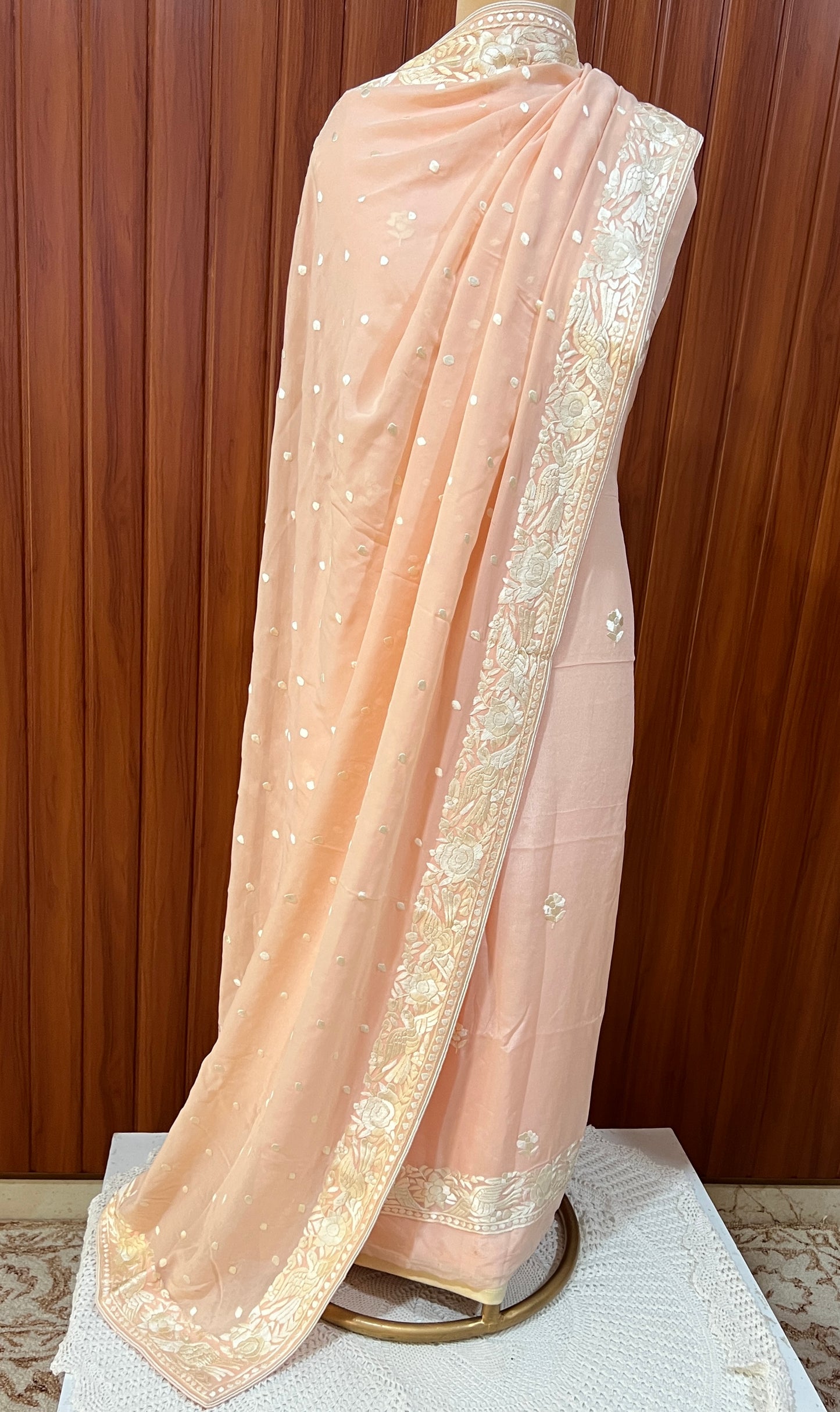 Blush peach Parsi Gara Hand Embroidered Full suit