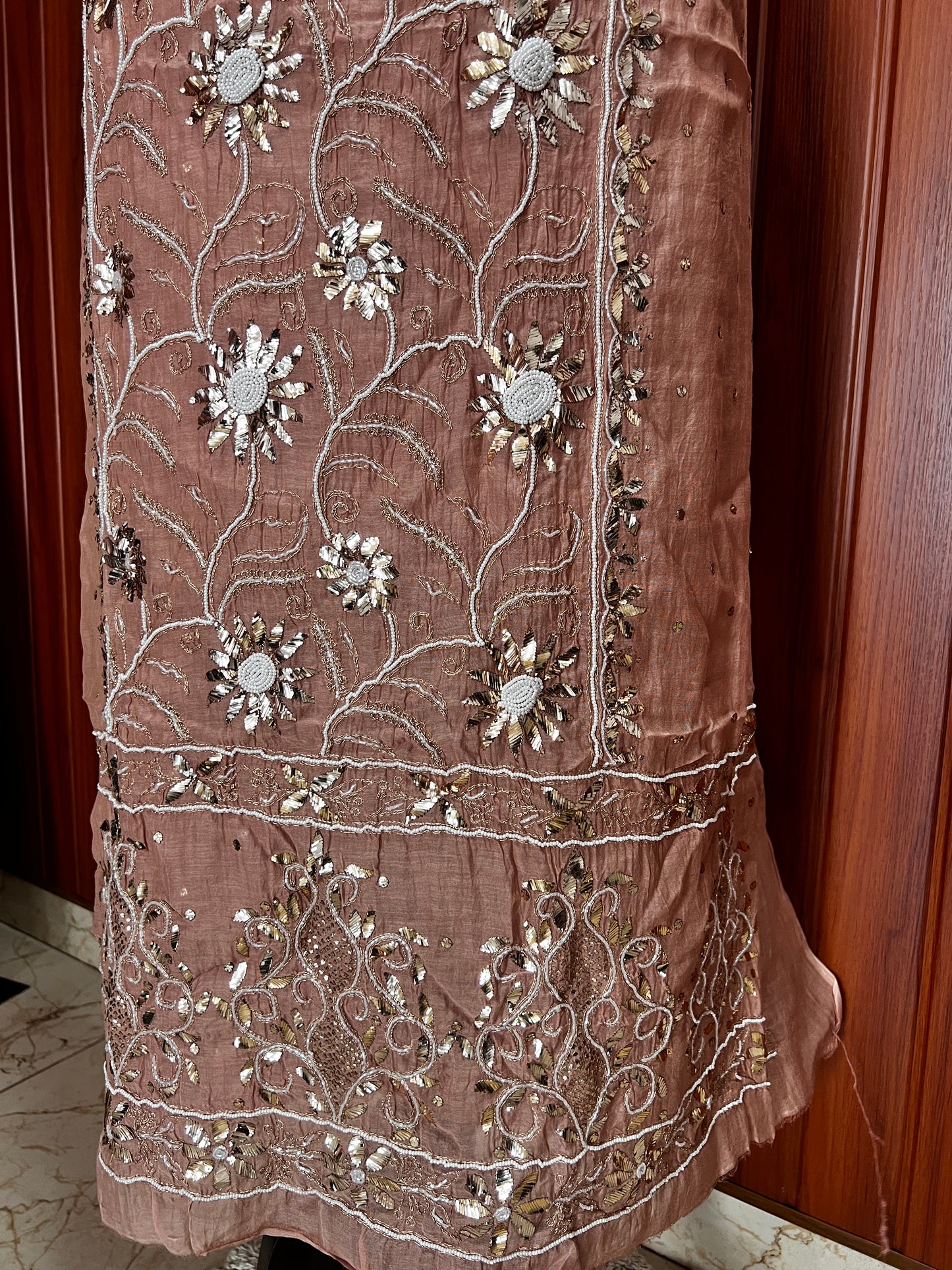 Cocoa brown Badla Mukaish and pearl work mulmul kurta with dupatta