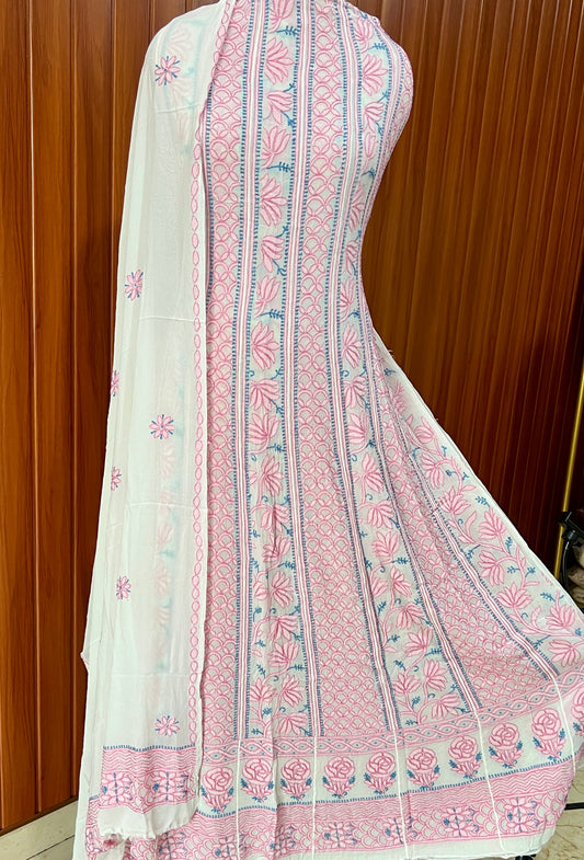 White and pink Resham Chikankari Embroidered Anarkali with Dupatta