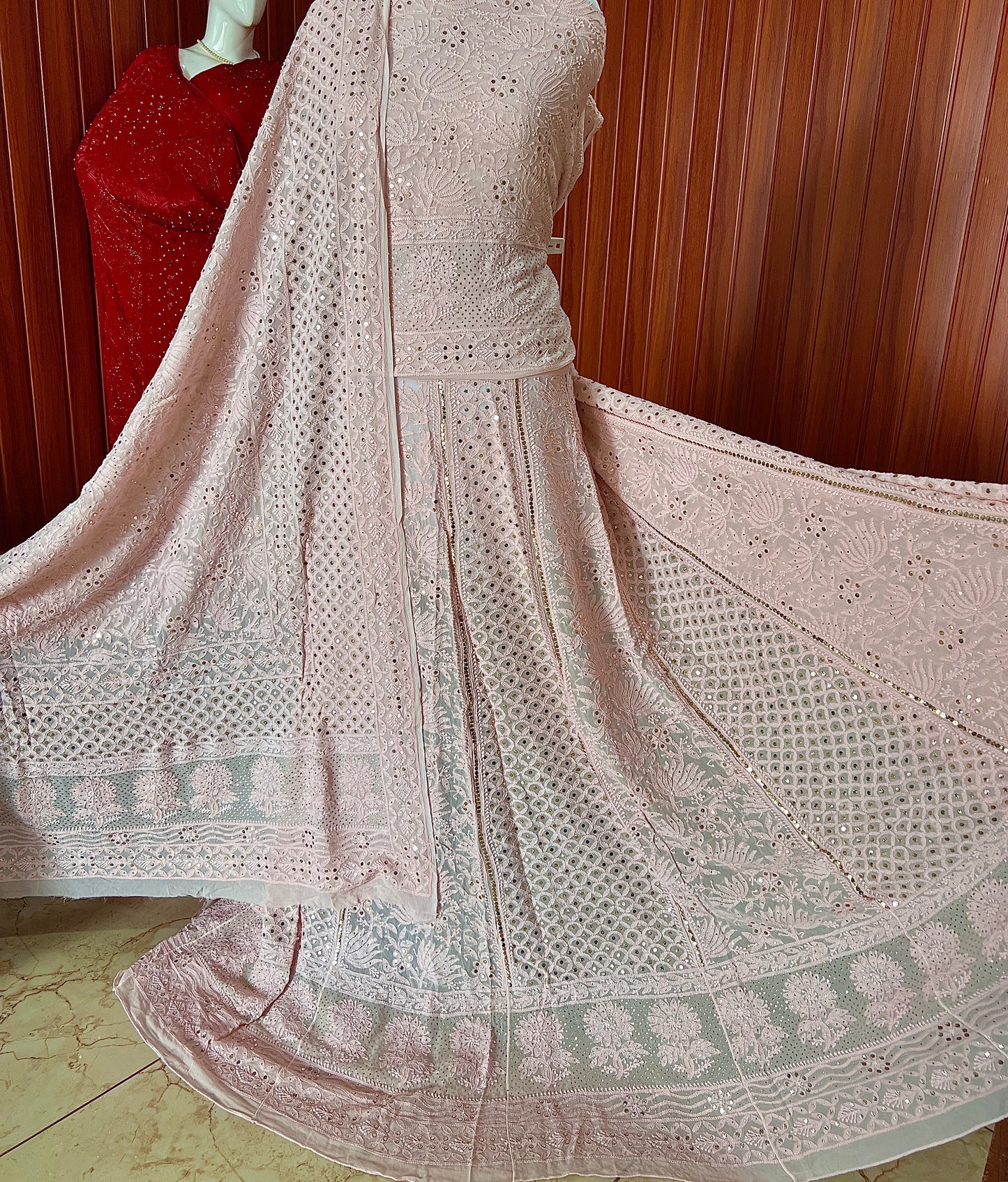 Dusty pink allover Chikankari and mukaish lehenga set