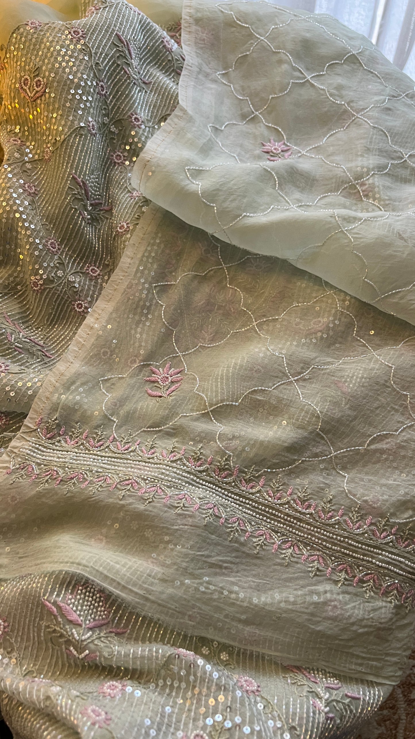 Ruhani Mint Green Chikankari & heavy Sequins pure Organza kurta with dupatta