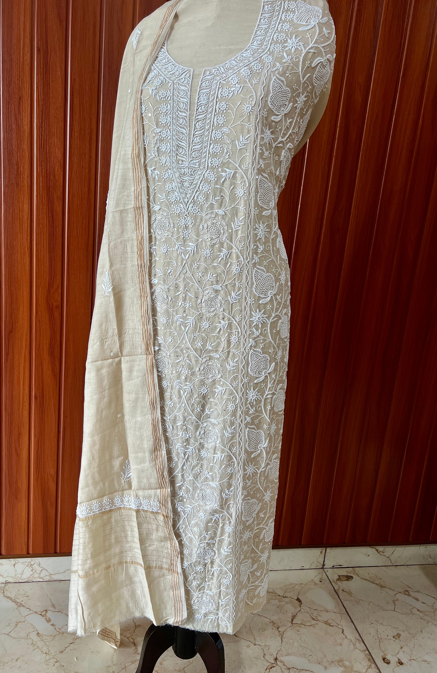 Munga silk Chikankari and pearl embroidered kurta and dupatta