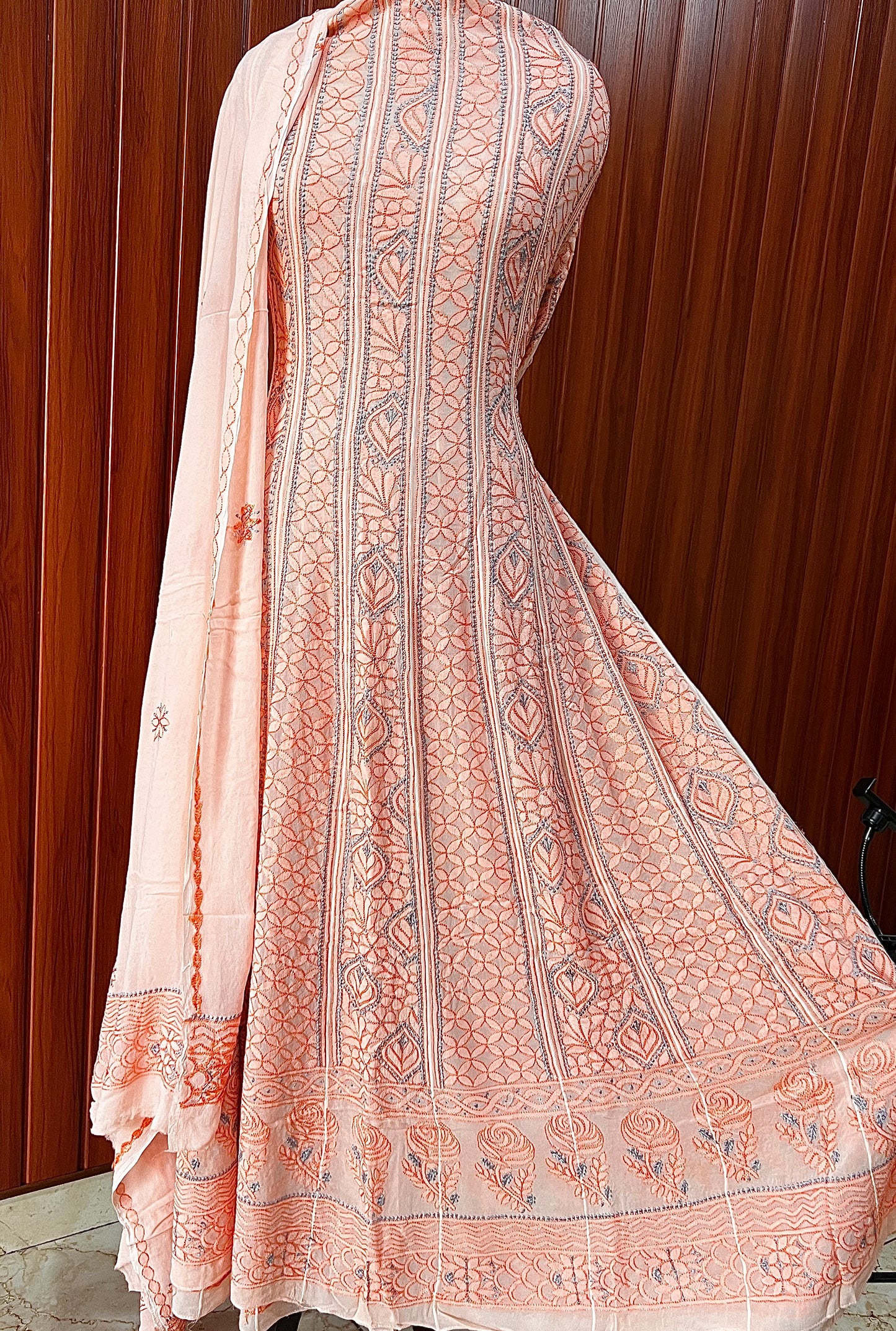 Peach Resham Chikankari Embroidered Anarkali with Dupatta