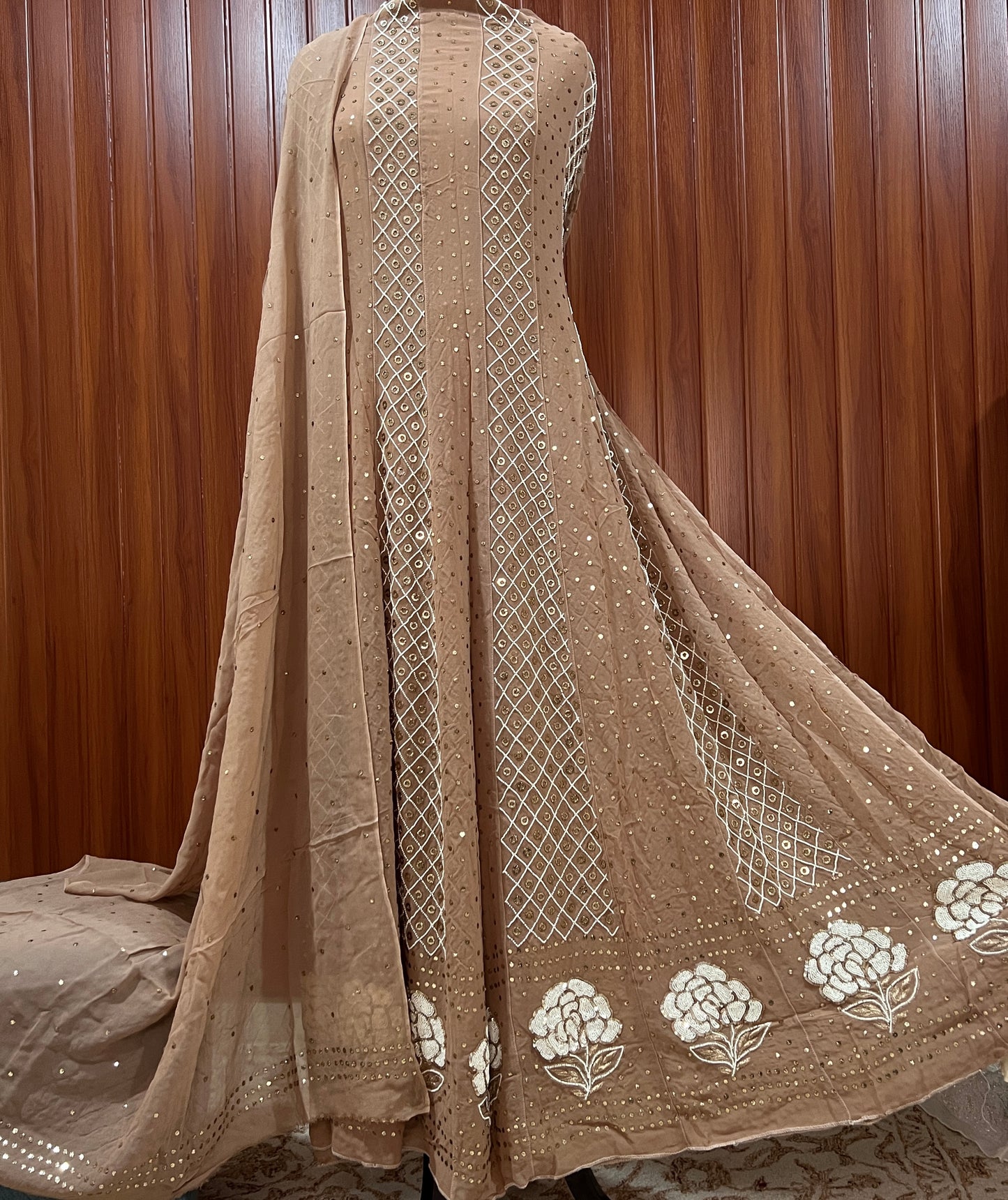 Cocoa brown Allover Mukaish and Pearl work Anarkali with Dupatta