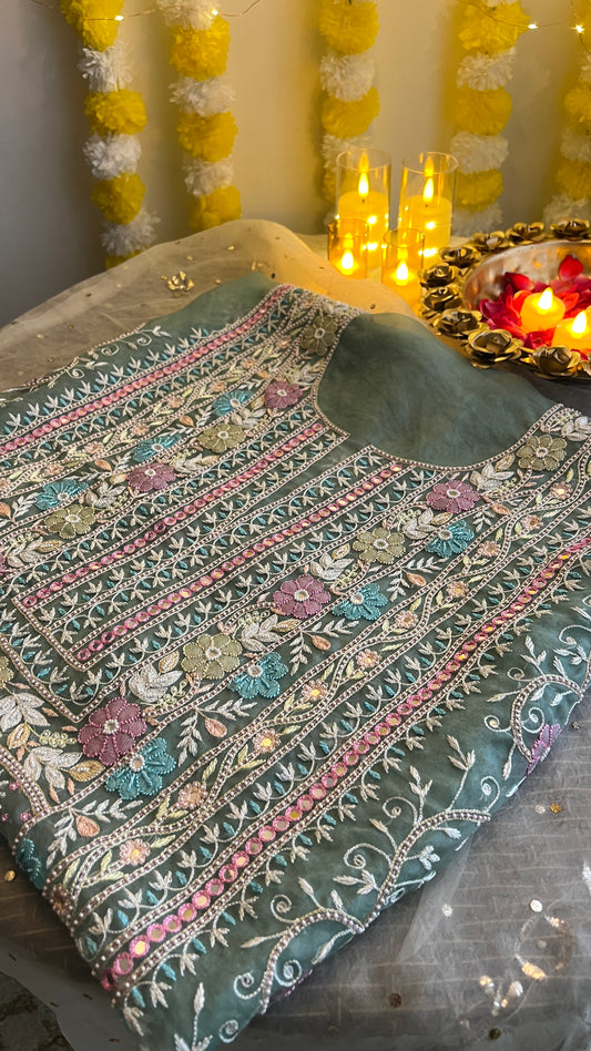 Ruhani Sage Green fine Chikankari pure Organza kurta with dupatta