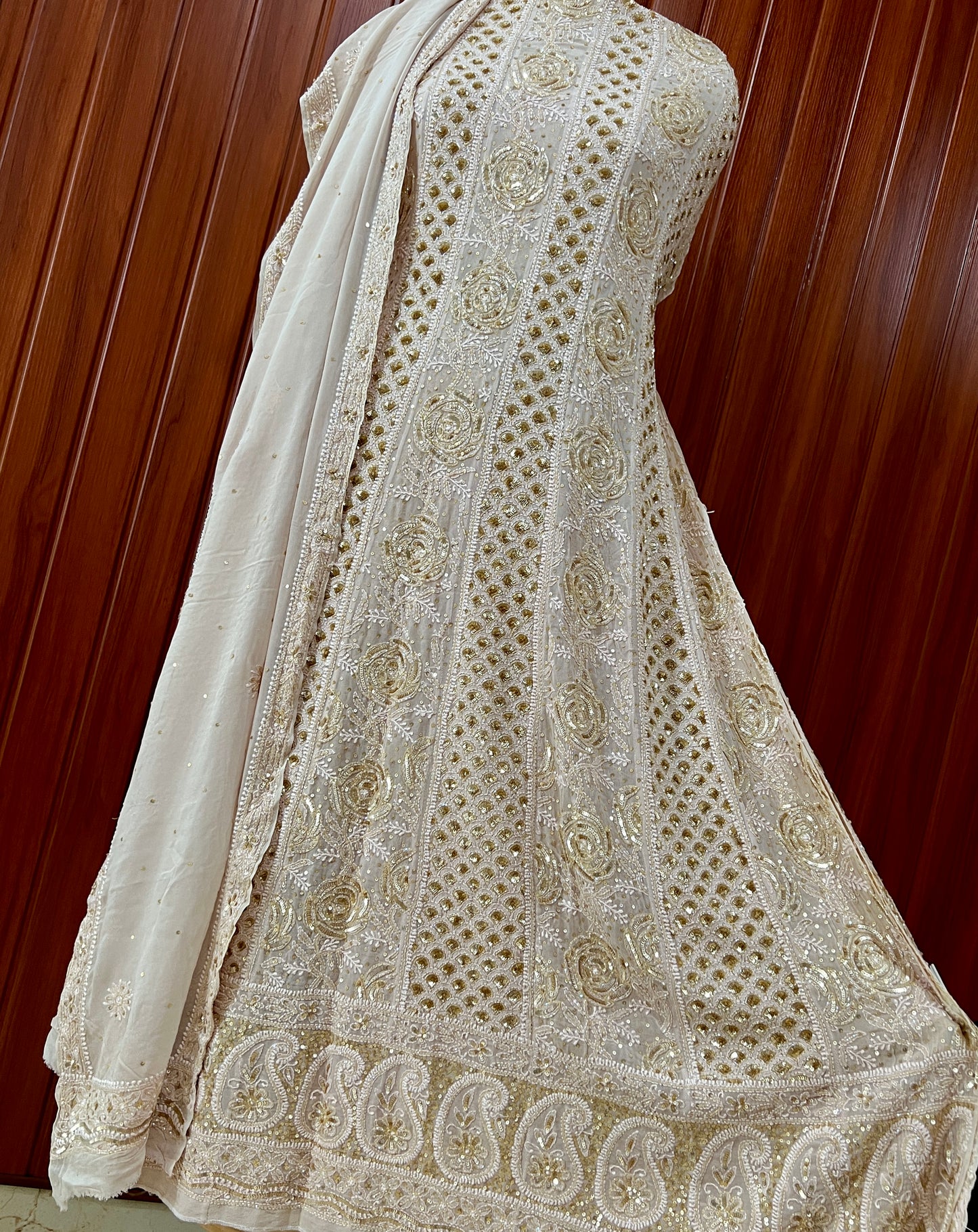 Ruhani Golden Beige Chikankari Sequins and Cut Dana Anarkali
