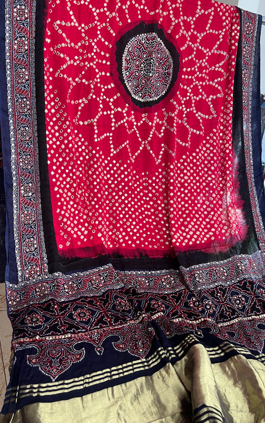 Blue & Magenta modal silk ajrakh and bandhej dupatta with heavy mukaish