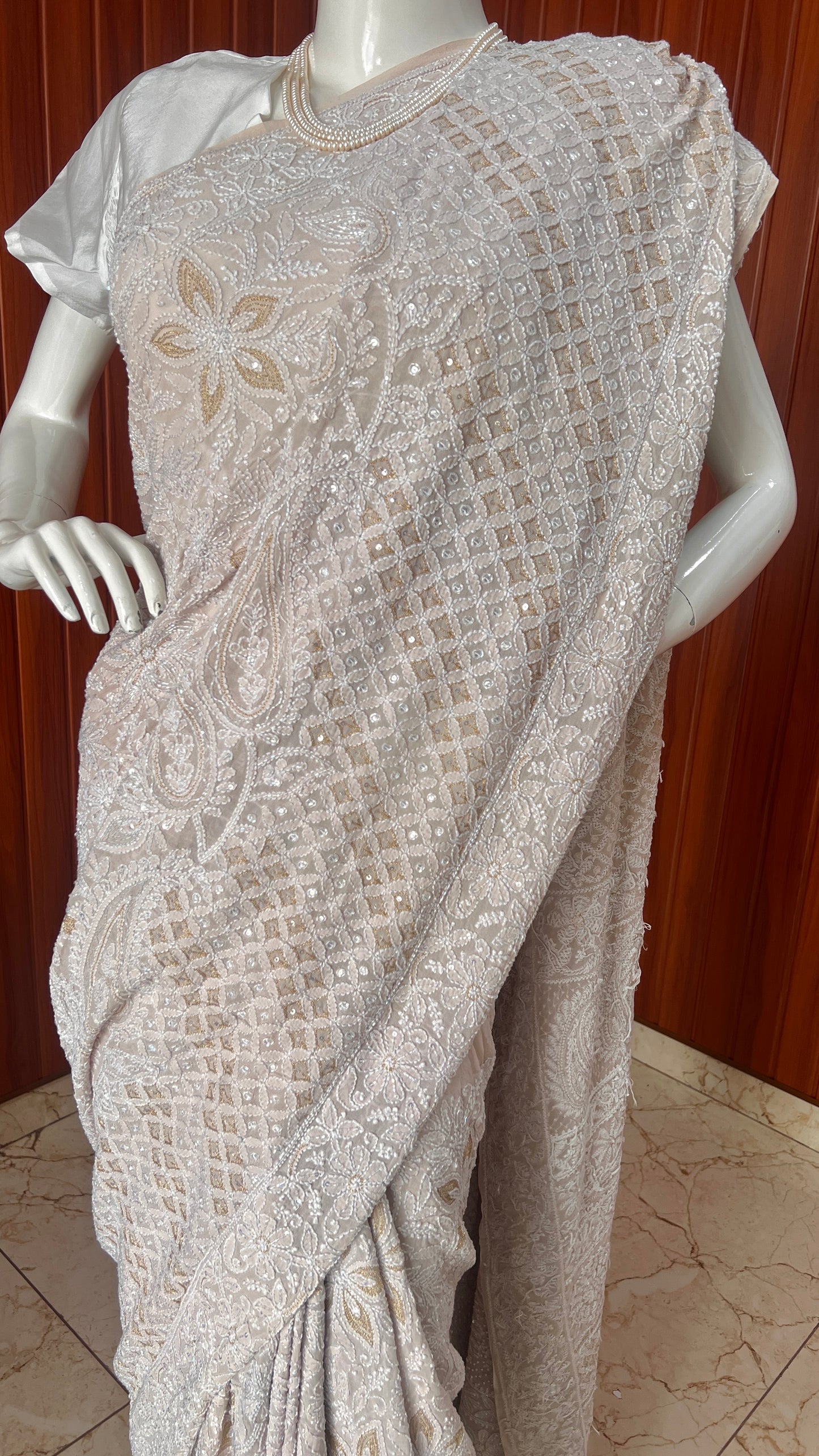 Ruhani Nude Champagne Chikankari and Cut Dana Saree