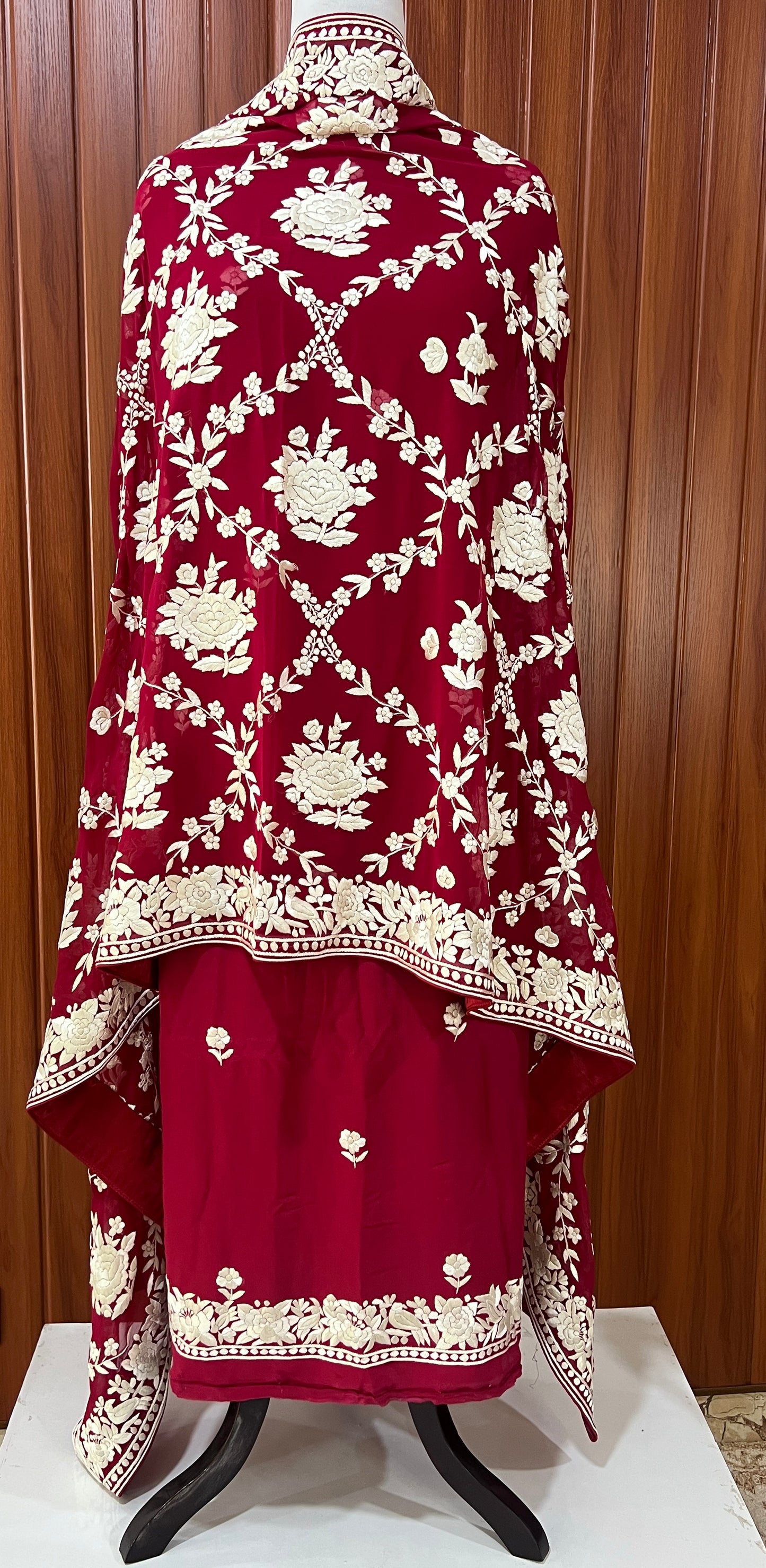Ruby Red Masterpiece Hand Embroidered Parsi Gara full Suit