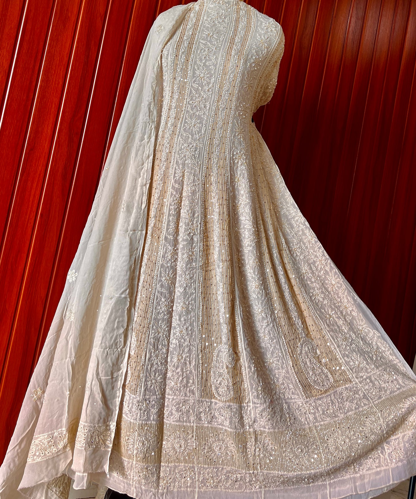 Champagne Chikankari Sequins Cut Dana Anarkali with Dupatta
