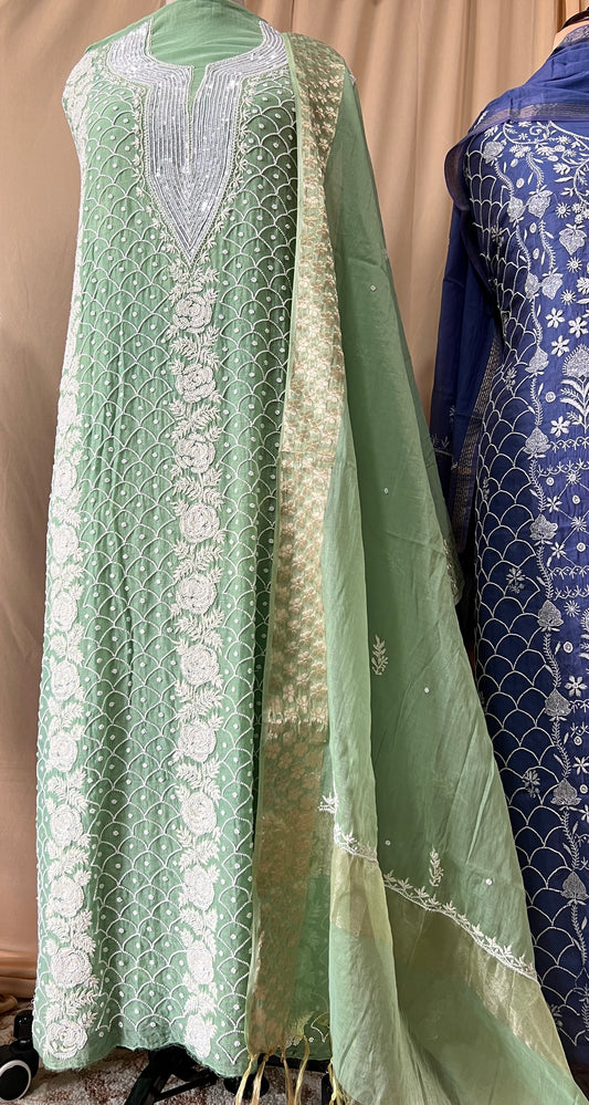 Pista green Mul Chanderi Kurta and Dupatta