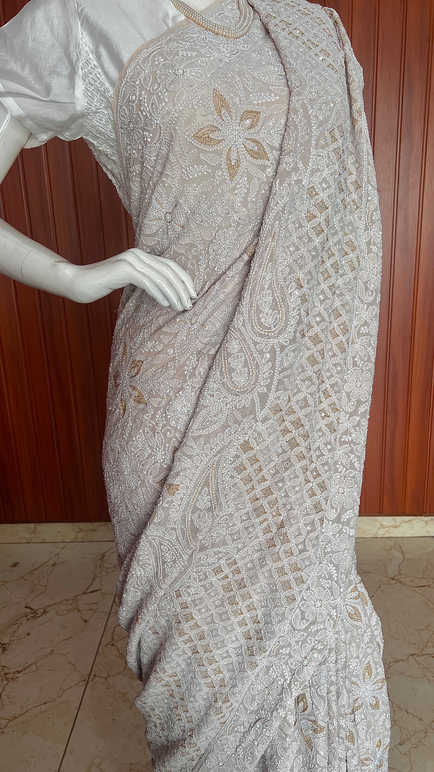 Ruhani Nude Champagne Chikankari and Cut Dana Saree