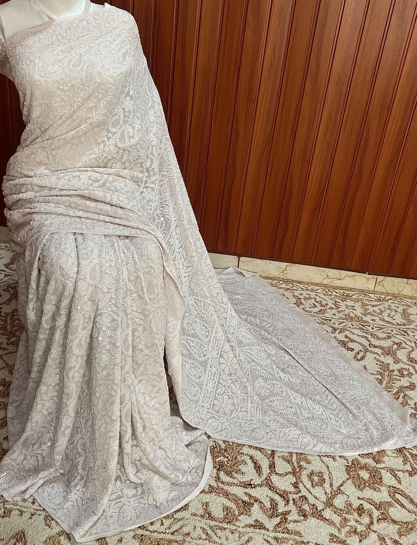Ruhani Nude Beige Chikankari Cut Dana and Sequins Saree