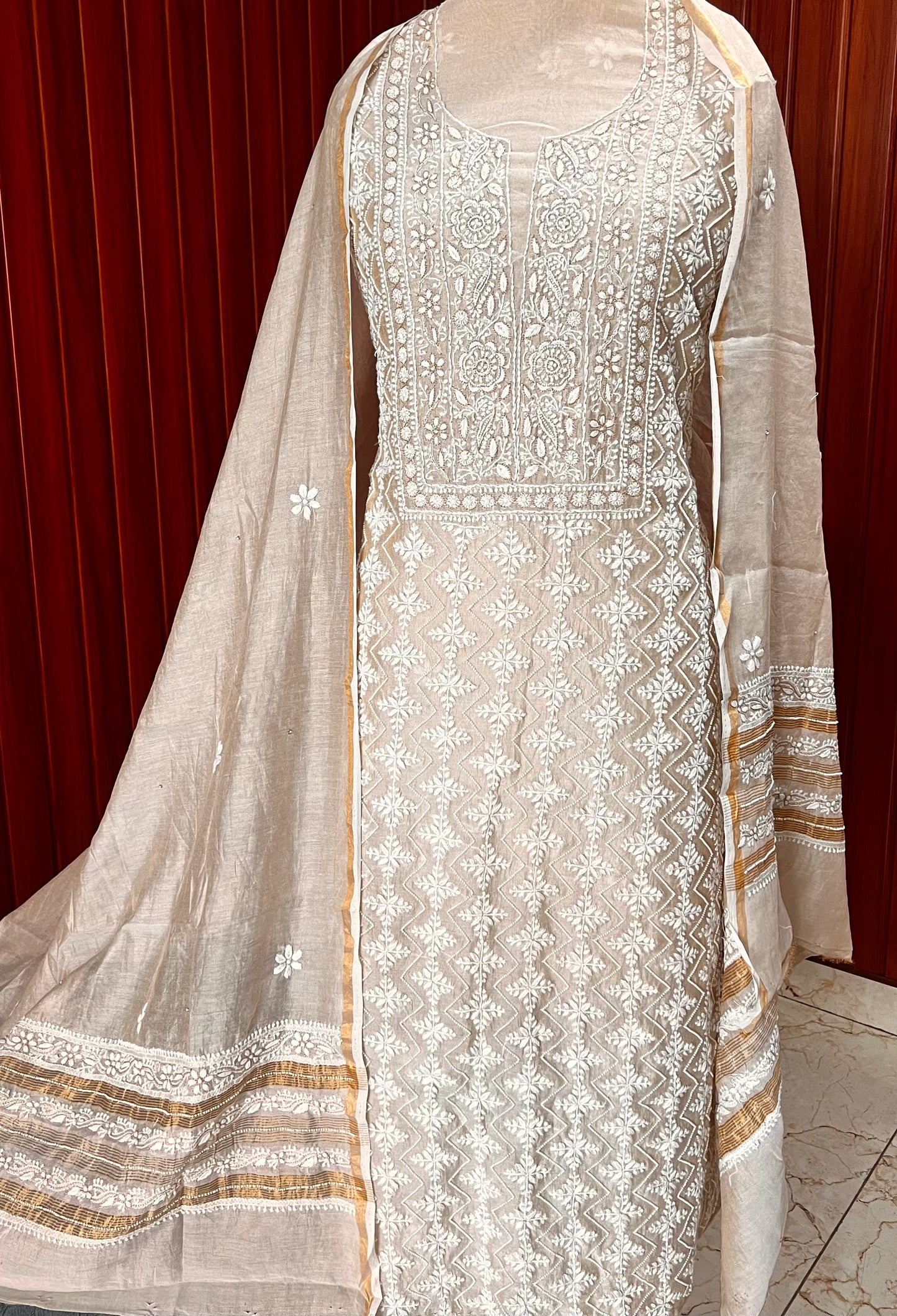 Tissue chanderi silk Chikankari and pearl embroidered kurta and dupatta