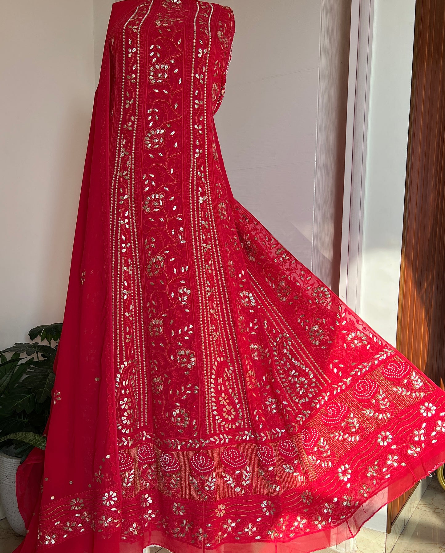 Red Chikankari pearl and Gota Patti Anarkali