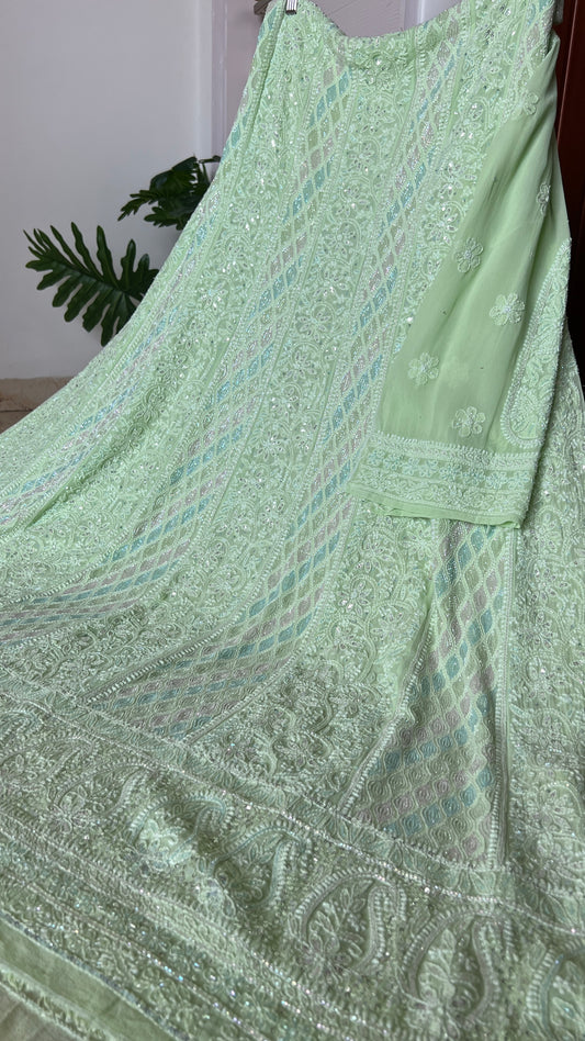 Bright Pista Green Chikankari multi hued Cut Dana and Sequins Anarkali