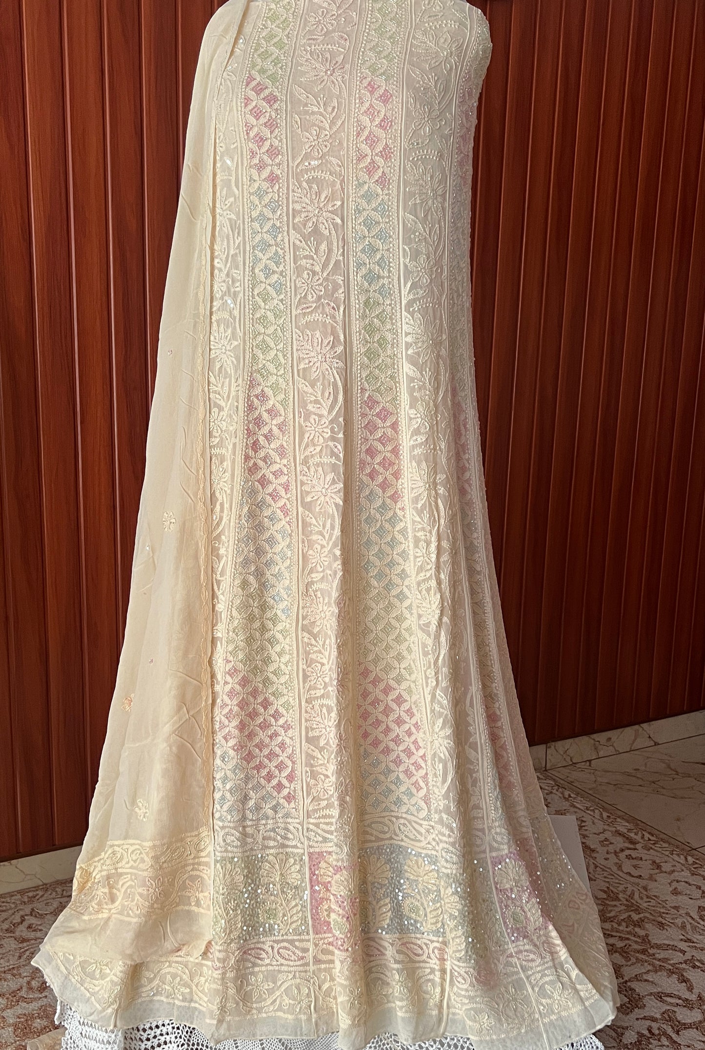 Chikankari and multi Cut Dana Embroidered Anarkali with Dupatta