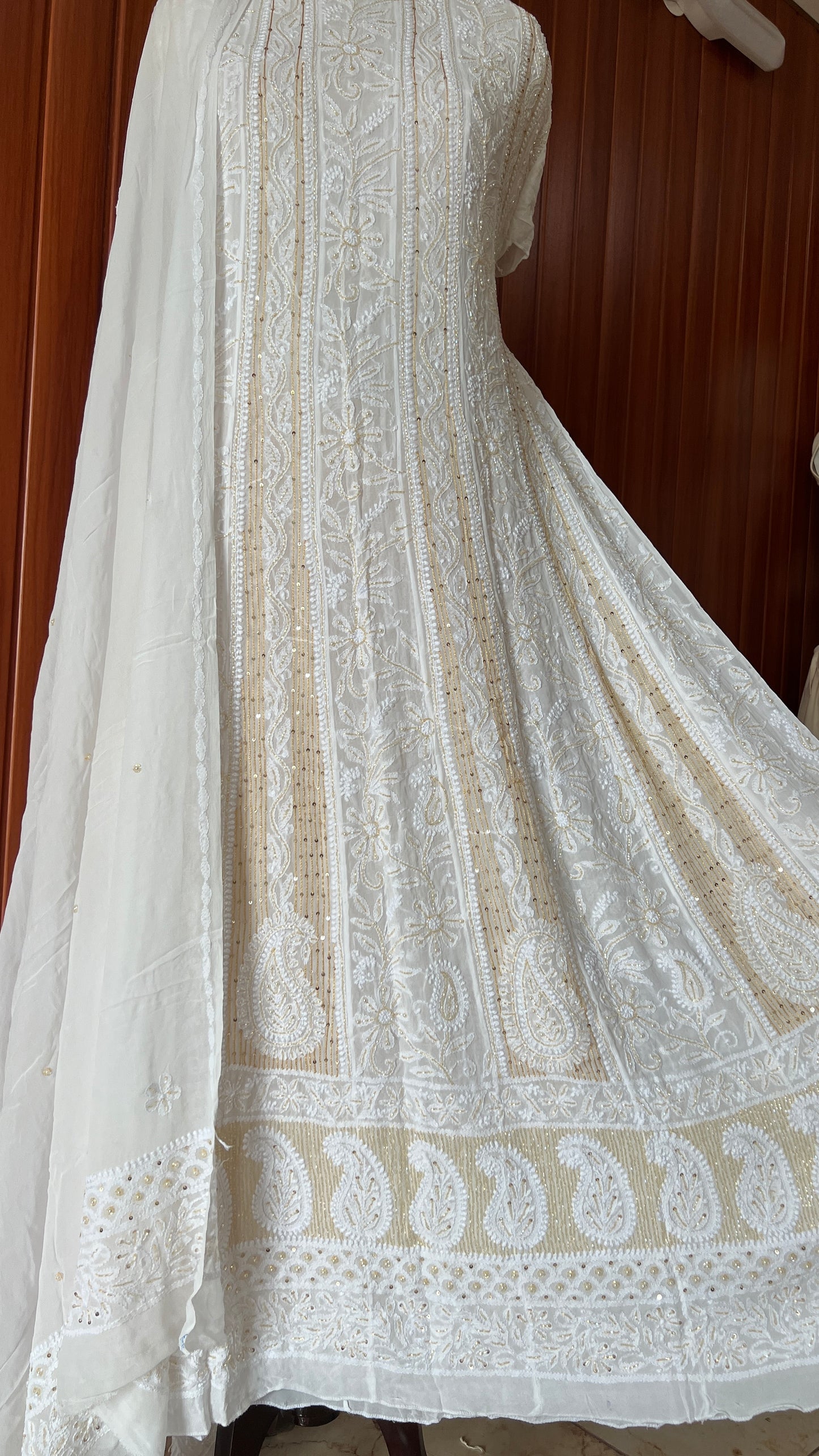White Chikankari Sequins Cut Dana Anarkali with Dupatta