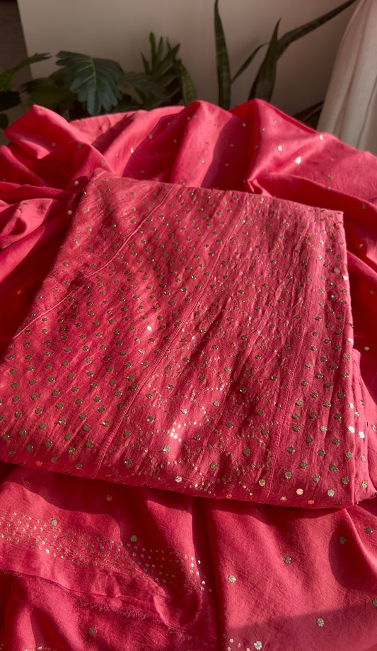 Bright Rose Pink Allover Heavy Mukaish Chanderi Silk Anarkali with Dupatta