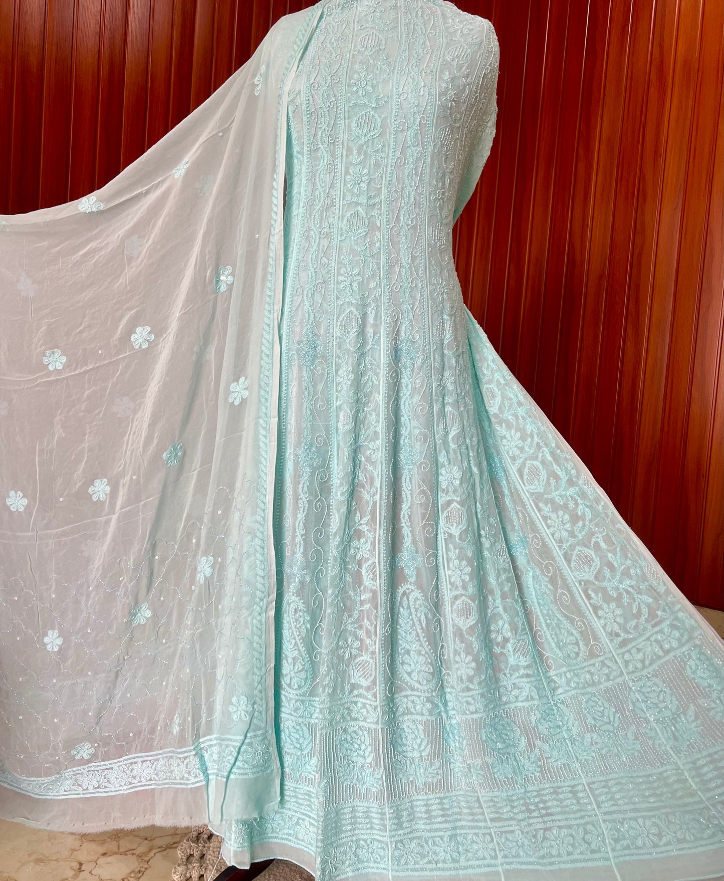 Sea Green Chikankari Pearl Cut Dana Embroidered Anarkali with Dupatta